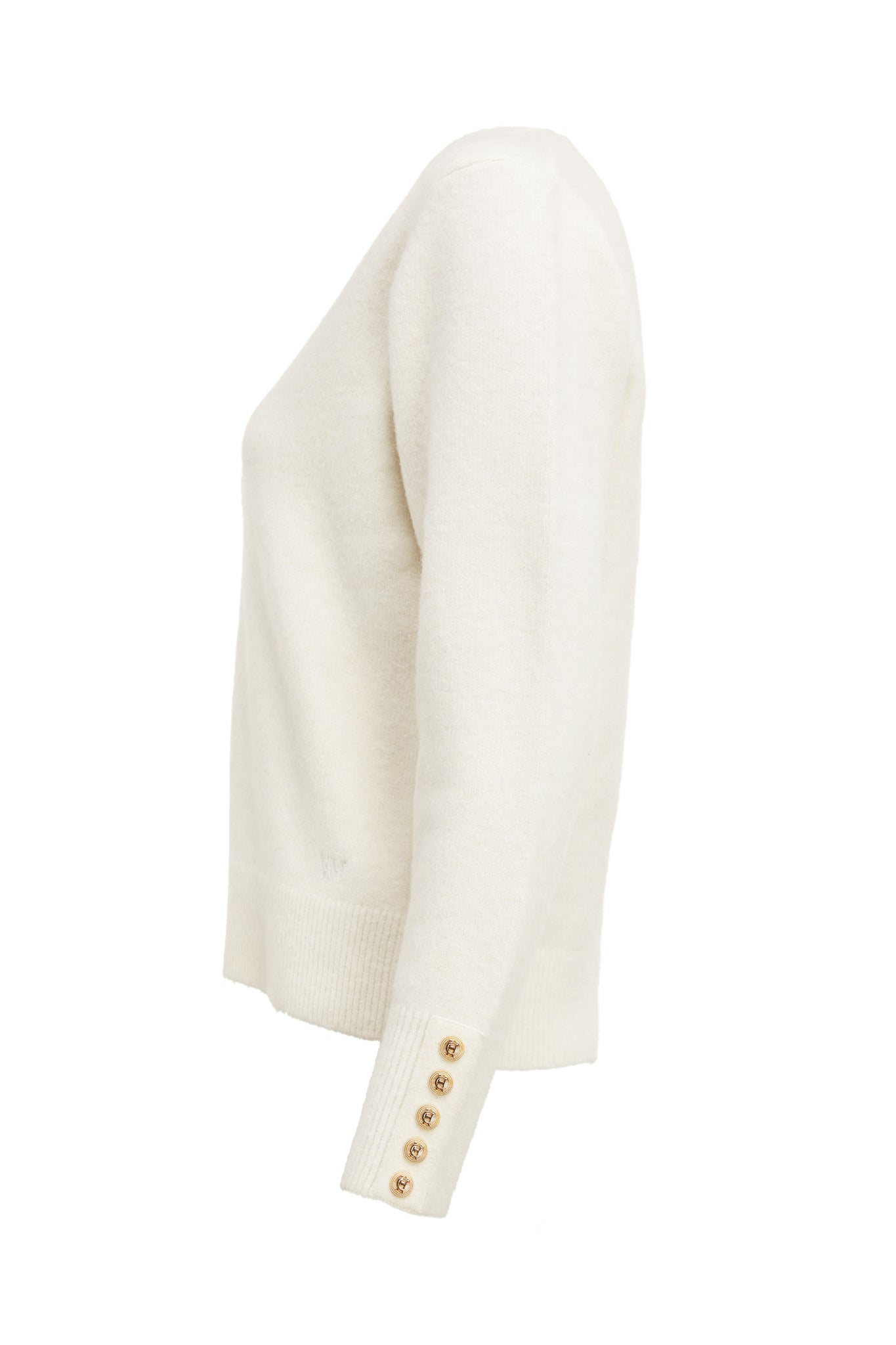 side of womens lightweight  v neck knit in cream with gold button cuffs