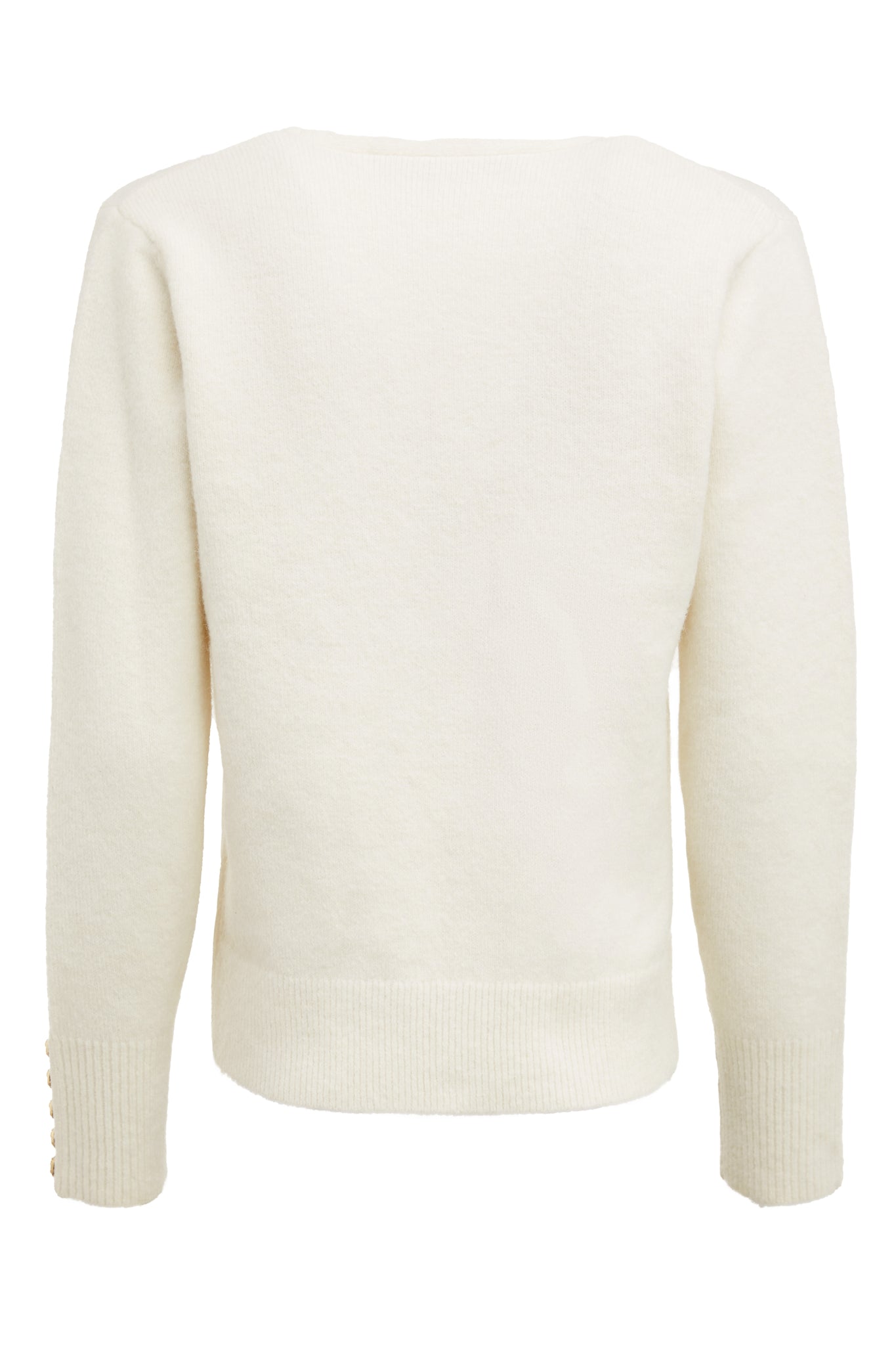 back of womens lightweight  v neck knit in cream with gold button cuffs