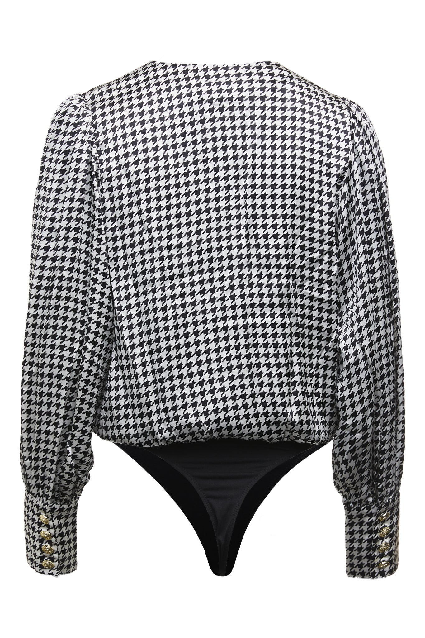 back of womens long sleeve silk houndstooth wrap front bodysuit with balloon sleeve