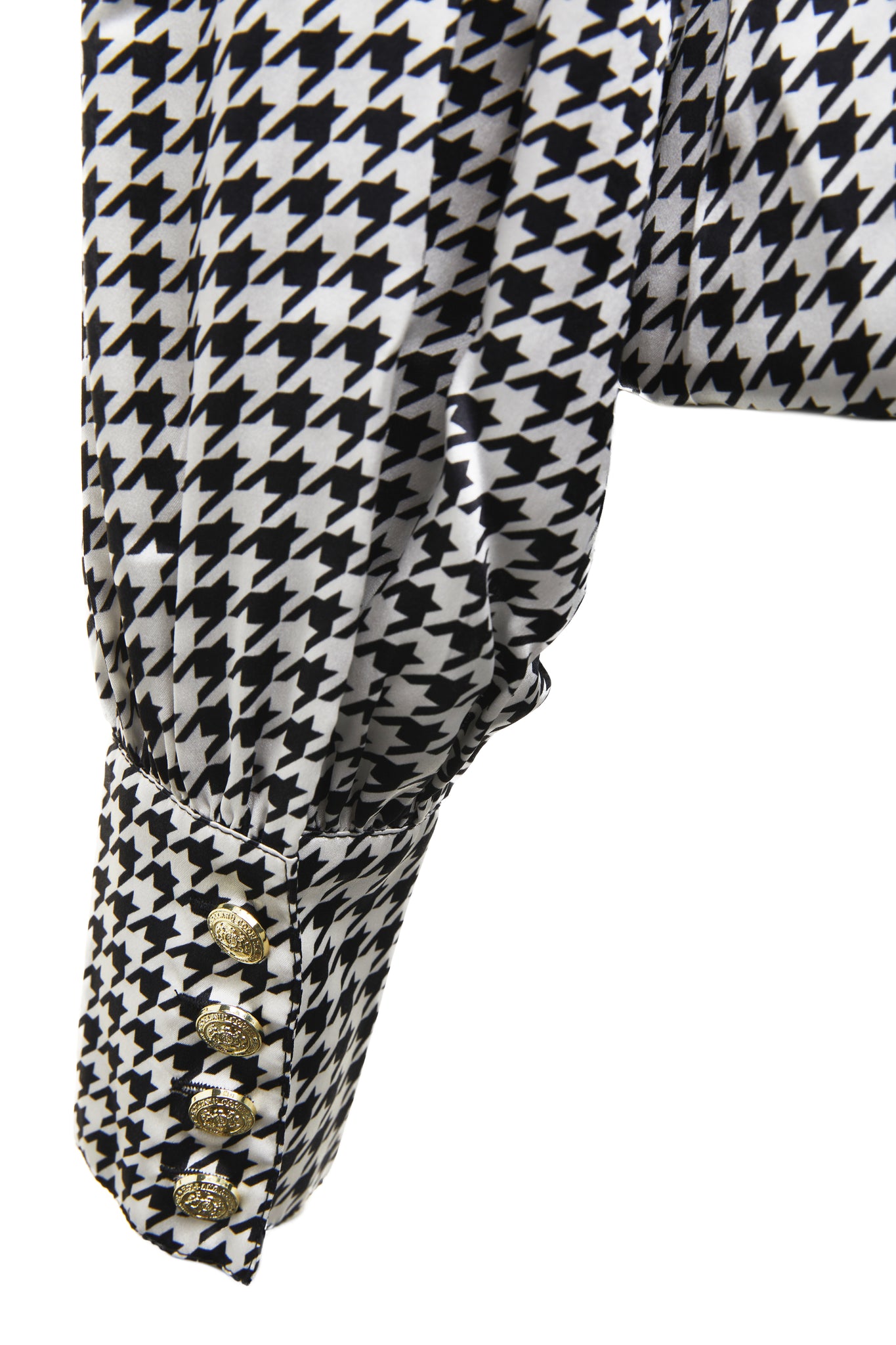cuff detail on womens long sleeve silk houndstooth wrap front bodysuit with balloon sleeve