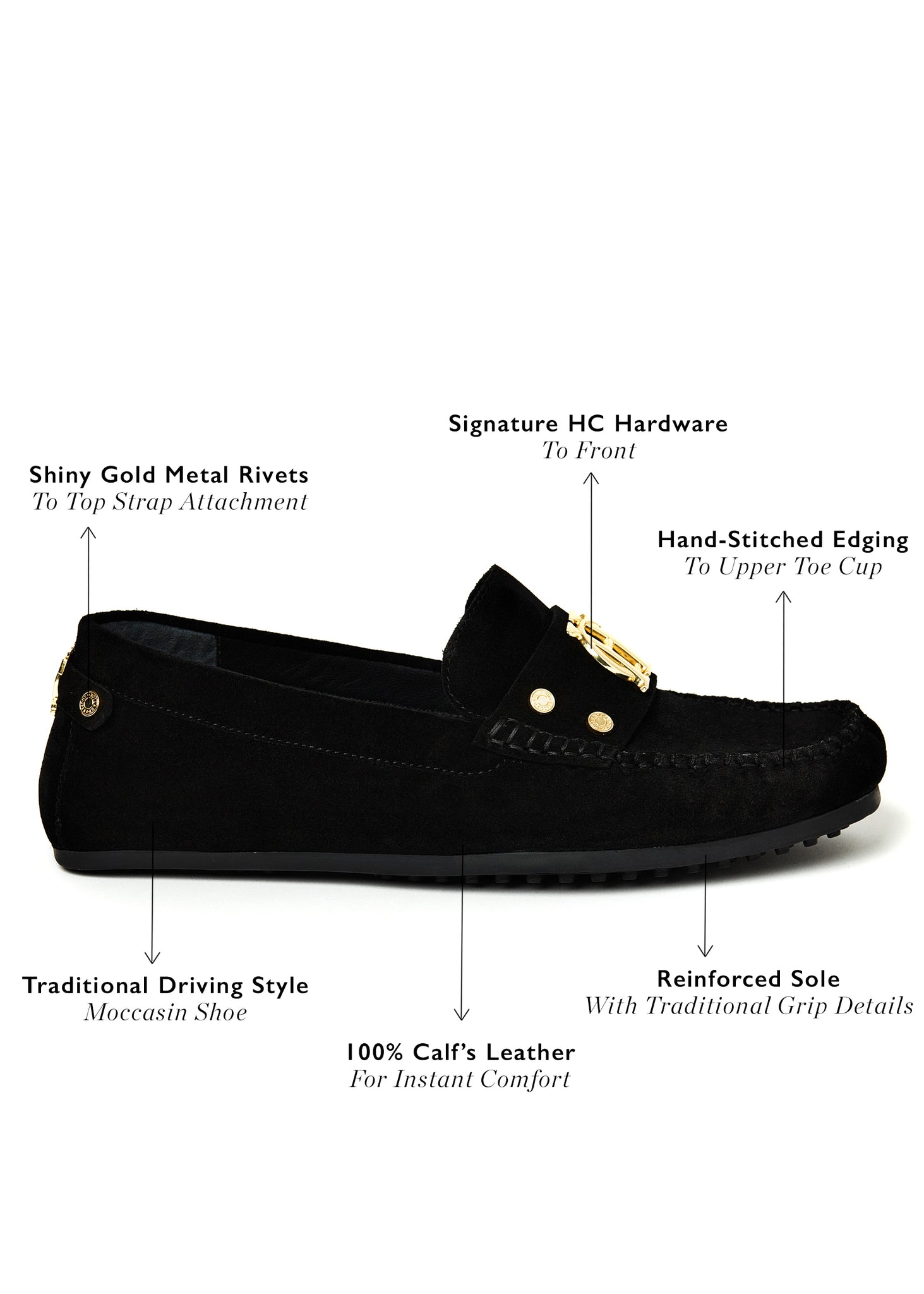 side view of classic black suede loafers with a leather sole and top stitching details and gold hardware