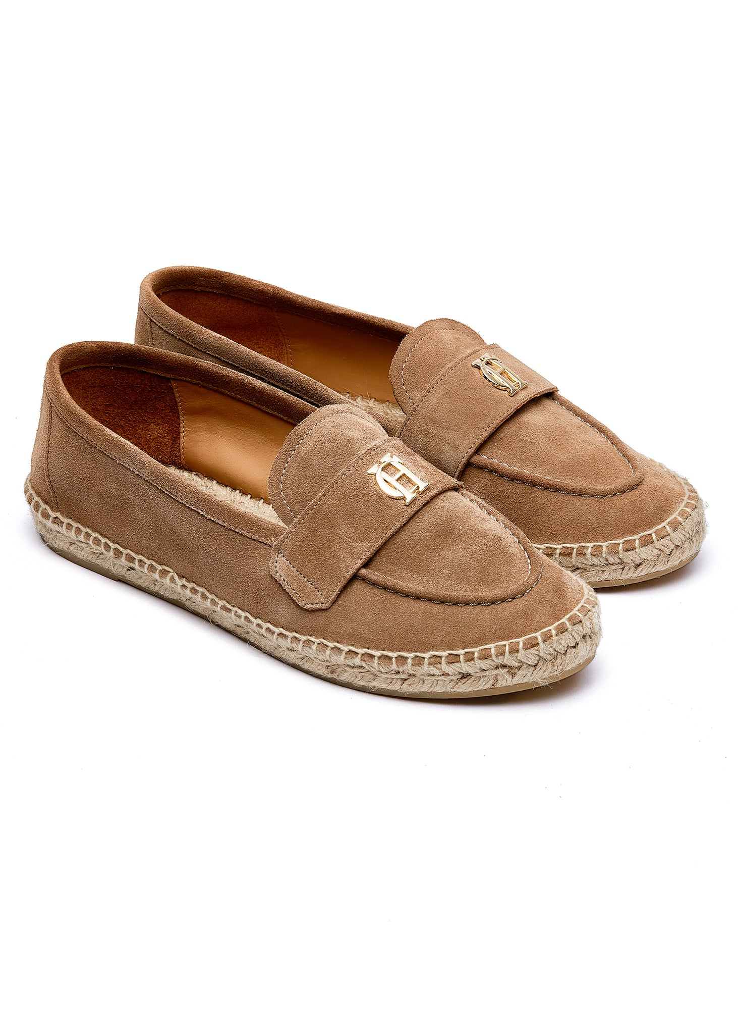 taupe suede espadrille with plaited jute sole and gold hardware on top