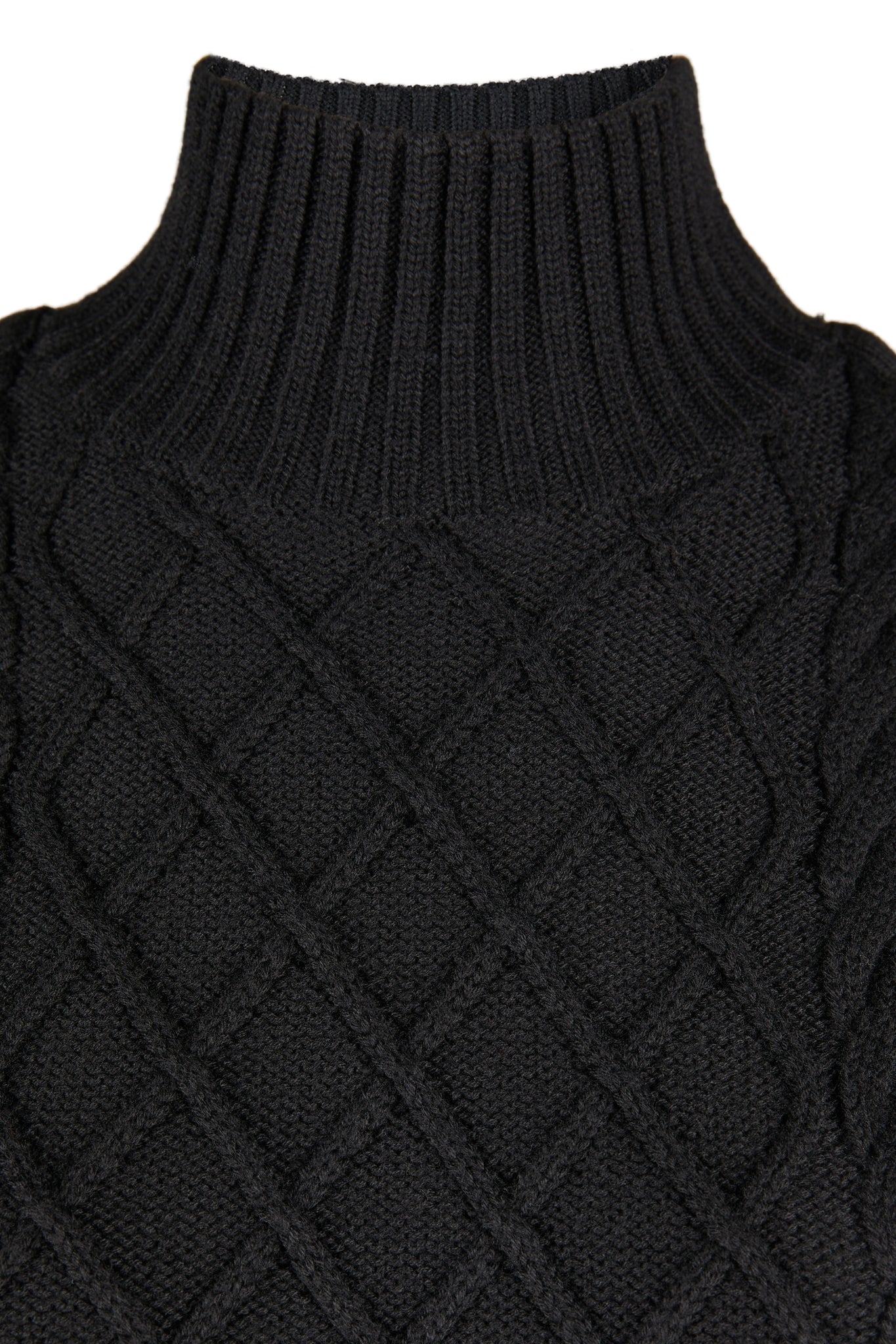 ribbed turtle neck hem detail on womens black sleeveless cable knit mini dress with ribbed hem 