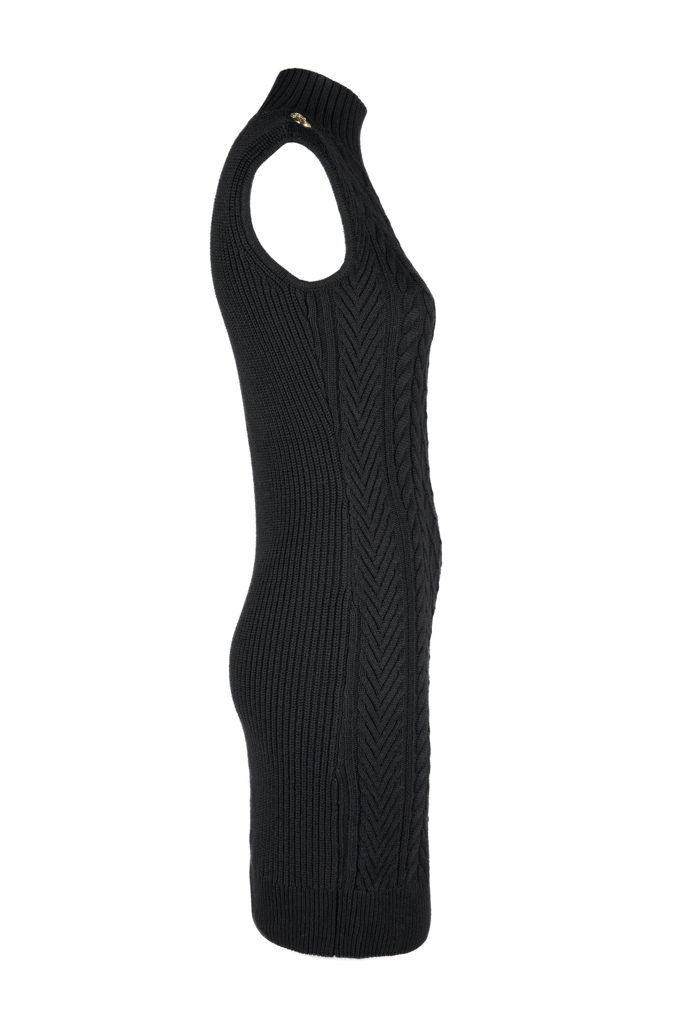 side of womens black sleeveless cable knit mini dress with ribbed hem and turtle neck 
