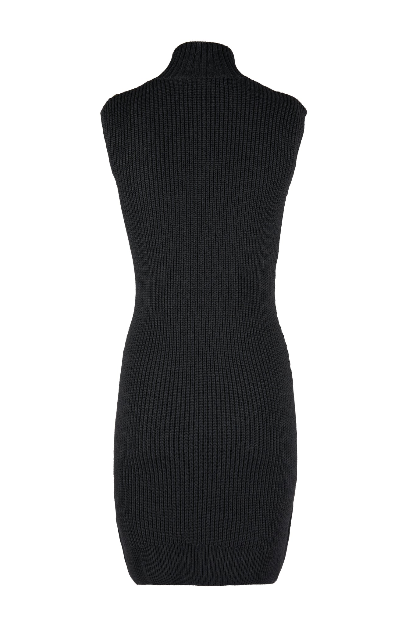 back of womens black sleeveless cable knit mini dress with ribbed hem and turtle neck