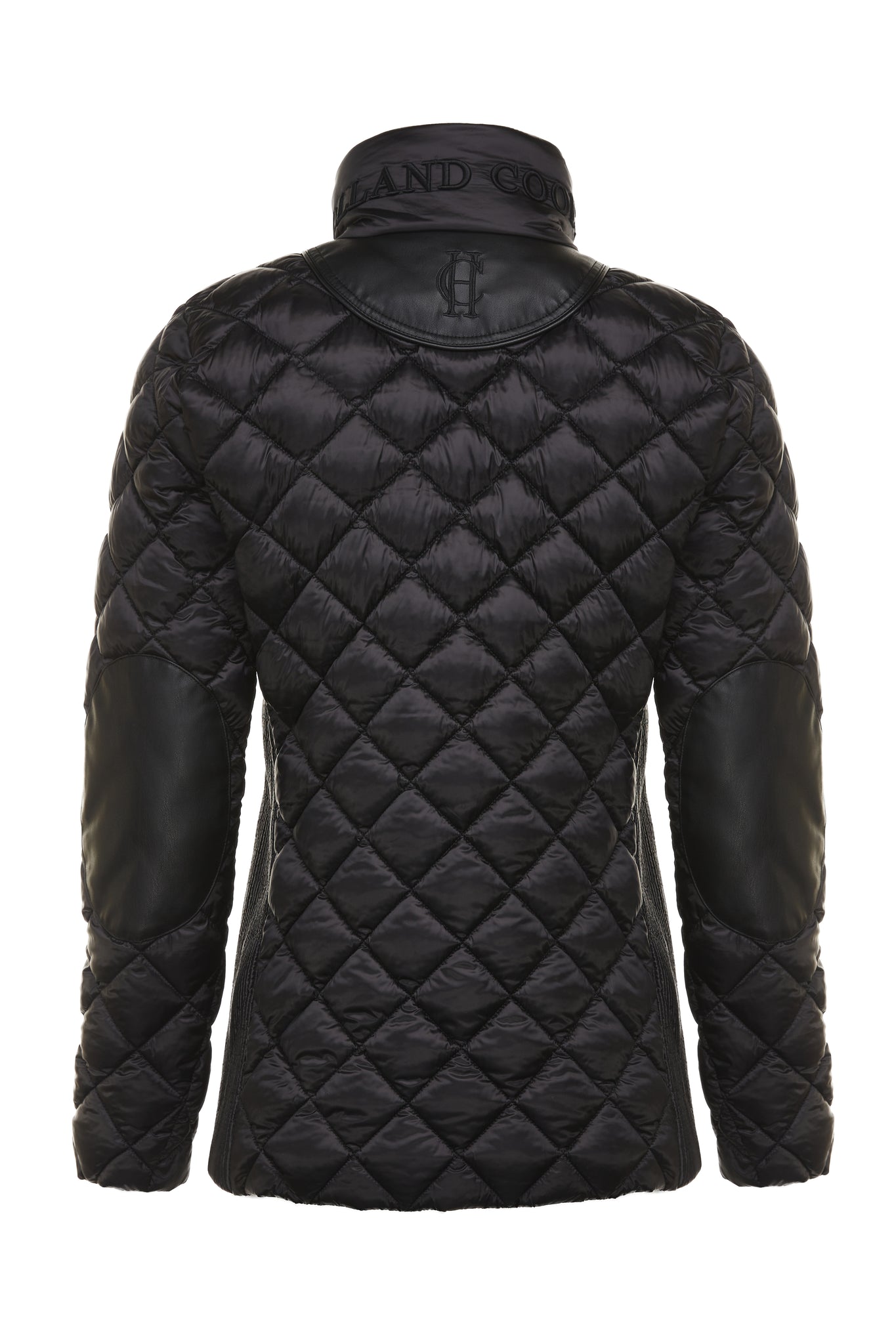 back of womens diamond quilted black jacket with contrast black leather elbow and shoulder pads large front pockets and shirred side panels