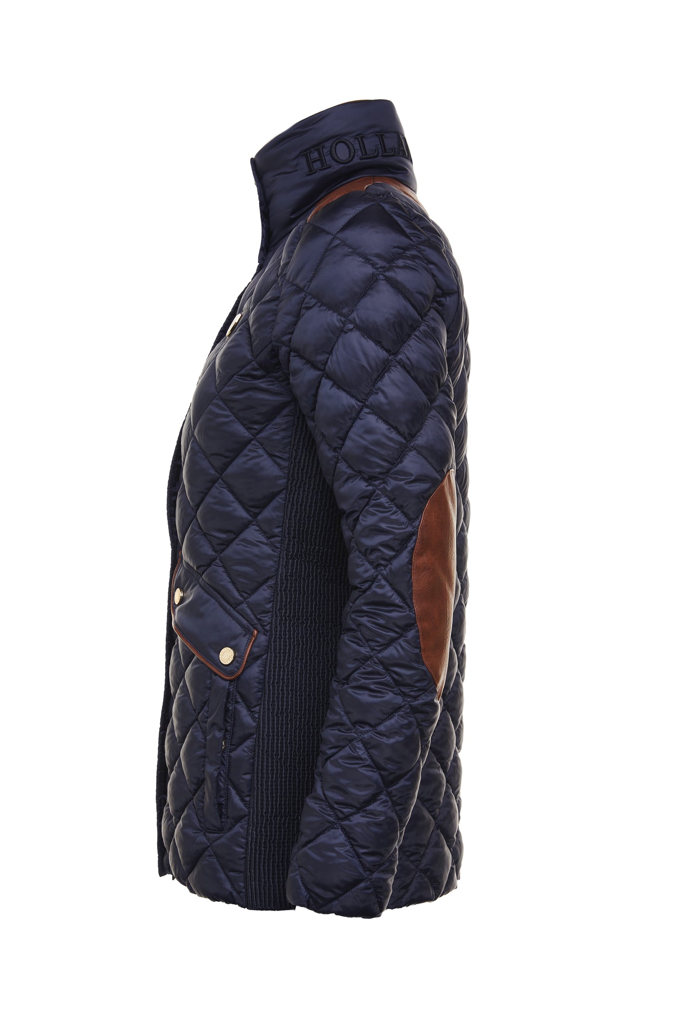 side of womens diamond quilted navy jacket with contrast tan leather elbow and shoulder pads large front pockets and shirred side panels