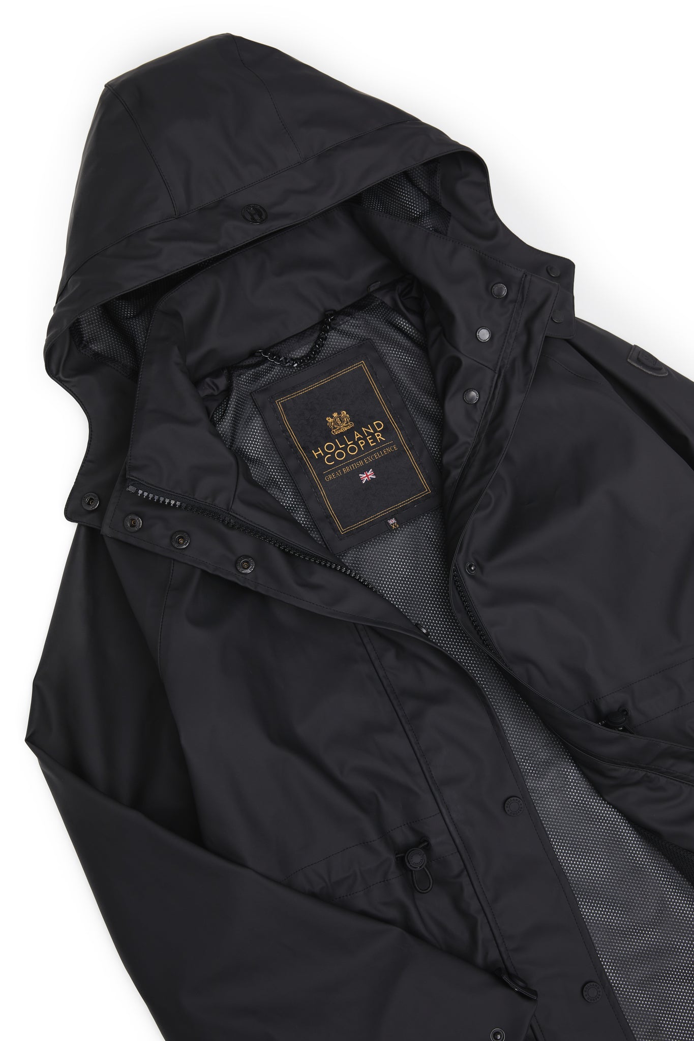 detail of womens black hooded rain coat with black hardware 