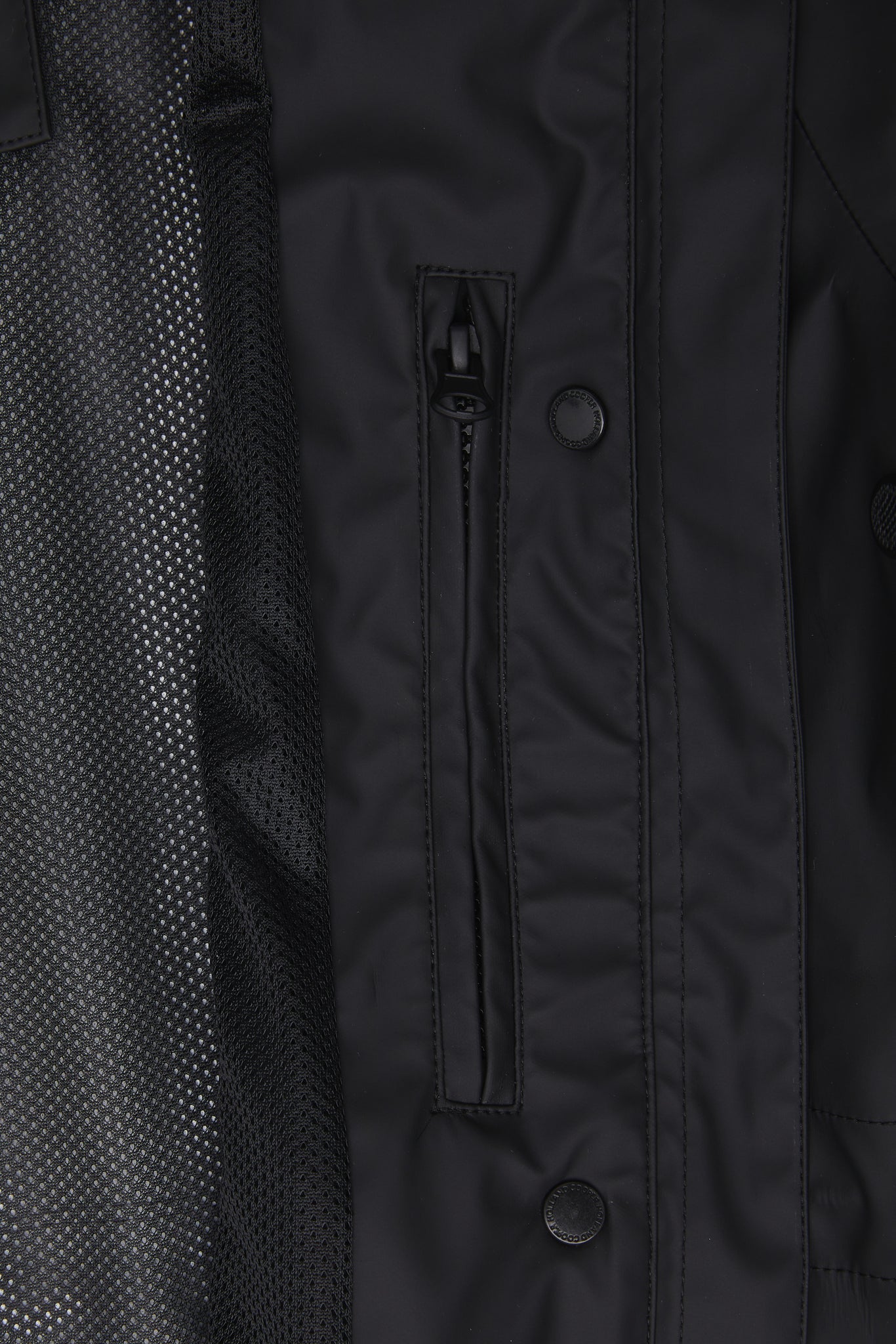 pocket detail of womens black hooded rain coat with black hardware 
