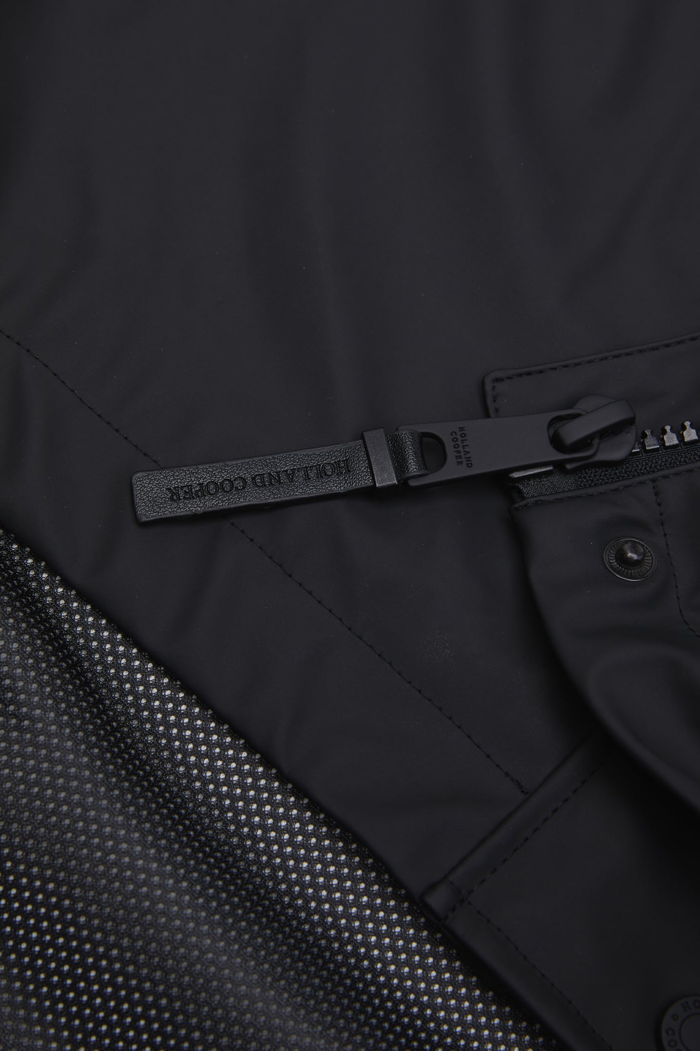 zip detail of womens black hooded rain coat with black hardware 