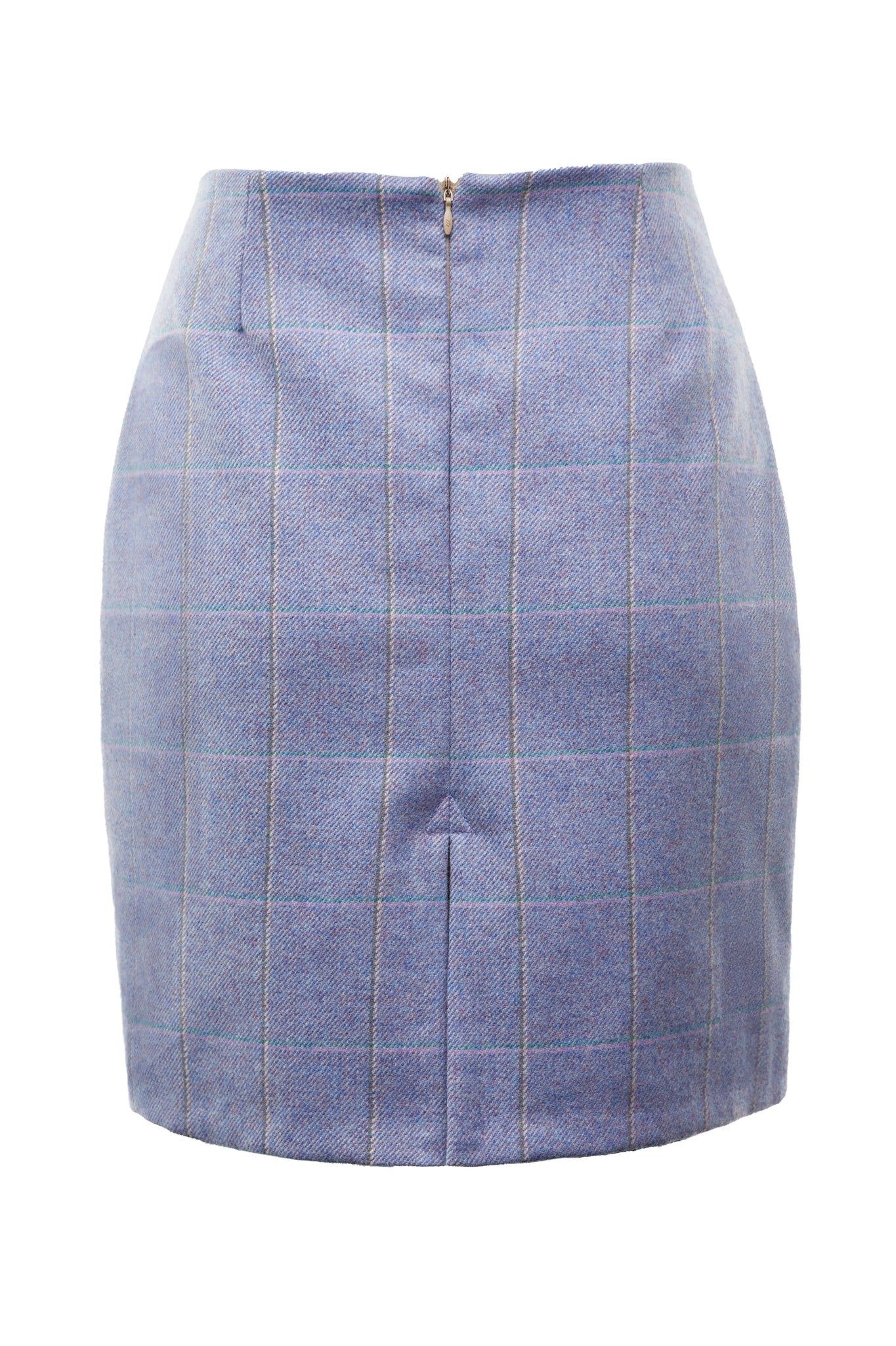 back of womens wool pencil mini skirt in purple check with slit on back and zip fastening on centre back