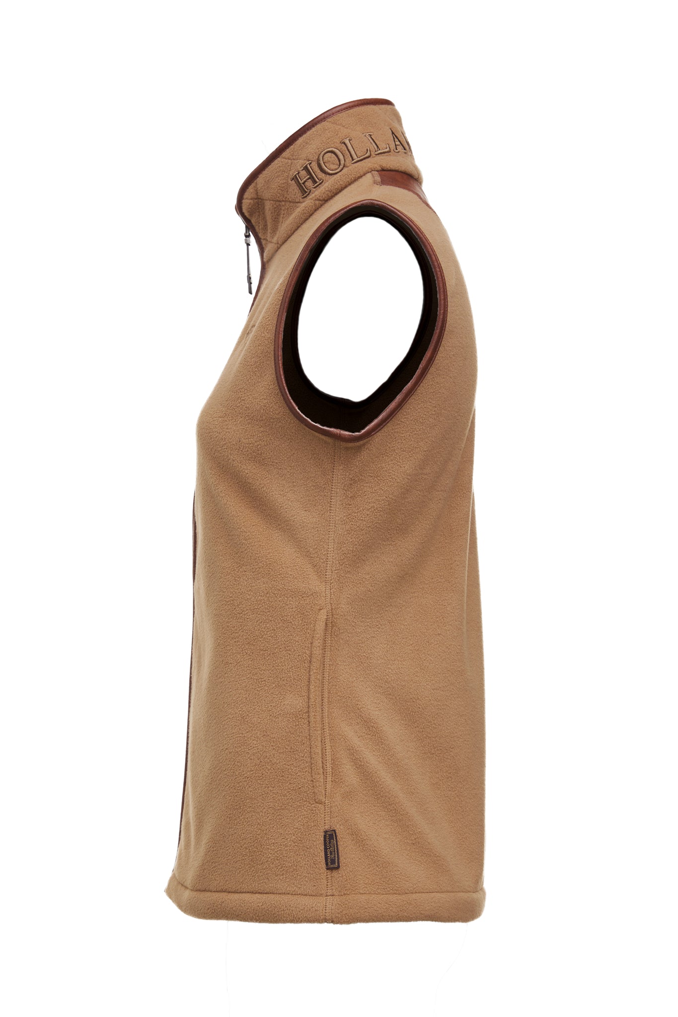 side of womens fleece gilet in light brown with dark brown leather piping around armholes neckline and down the front zip fastening