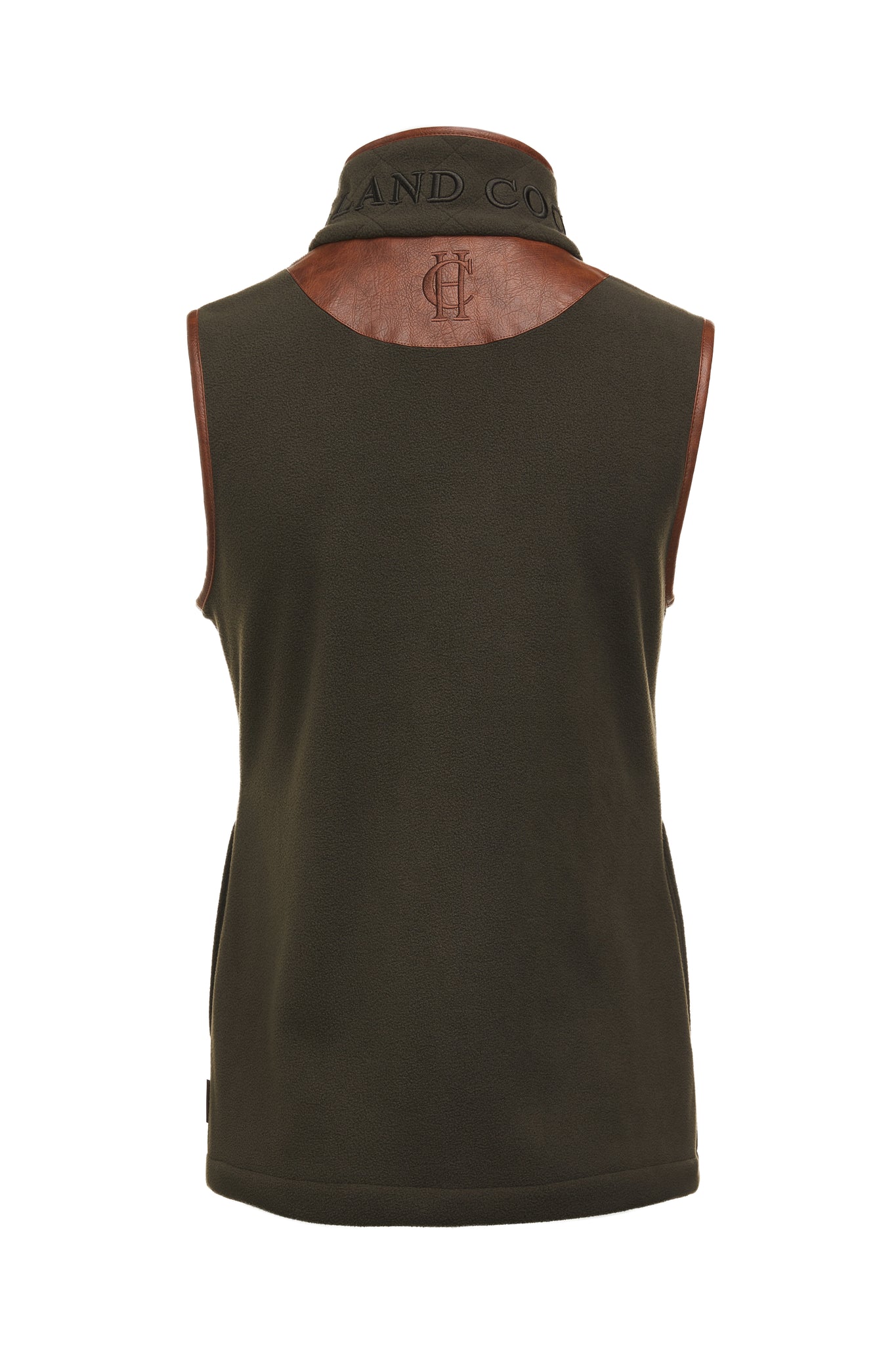 back of womens fleece gilet in khaki with tan leather piping around armholes neckline and down the front zip fastening