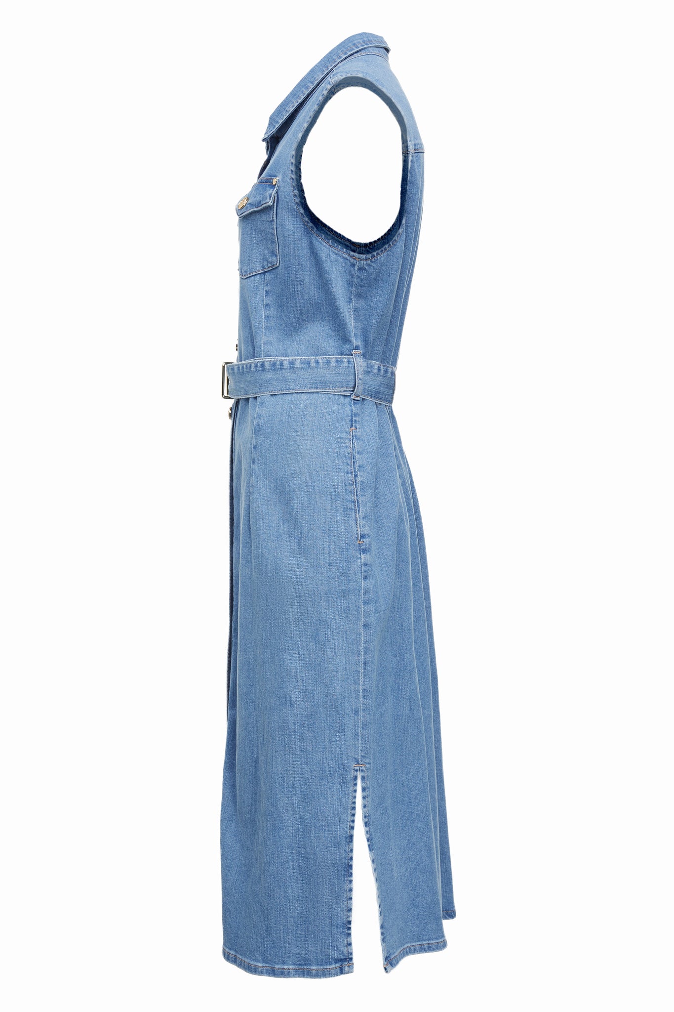 side shot of womens blue denim sleeveless midi dress with tie around the waist and gold buttons down the front