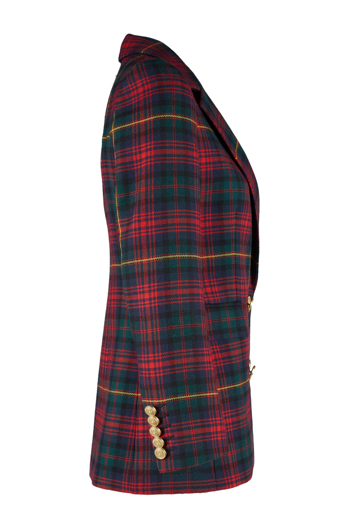 side of double breasted wool blazer in dark red navy green and yellow logan tartan with two hip pockets and gold button details down front and on cuffs and handmade in the uk