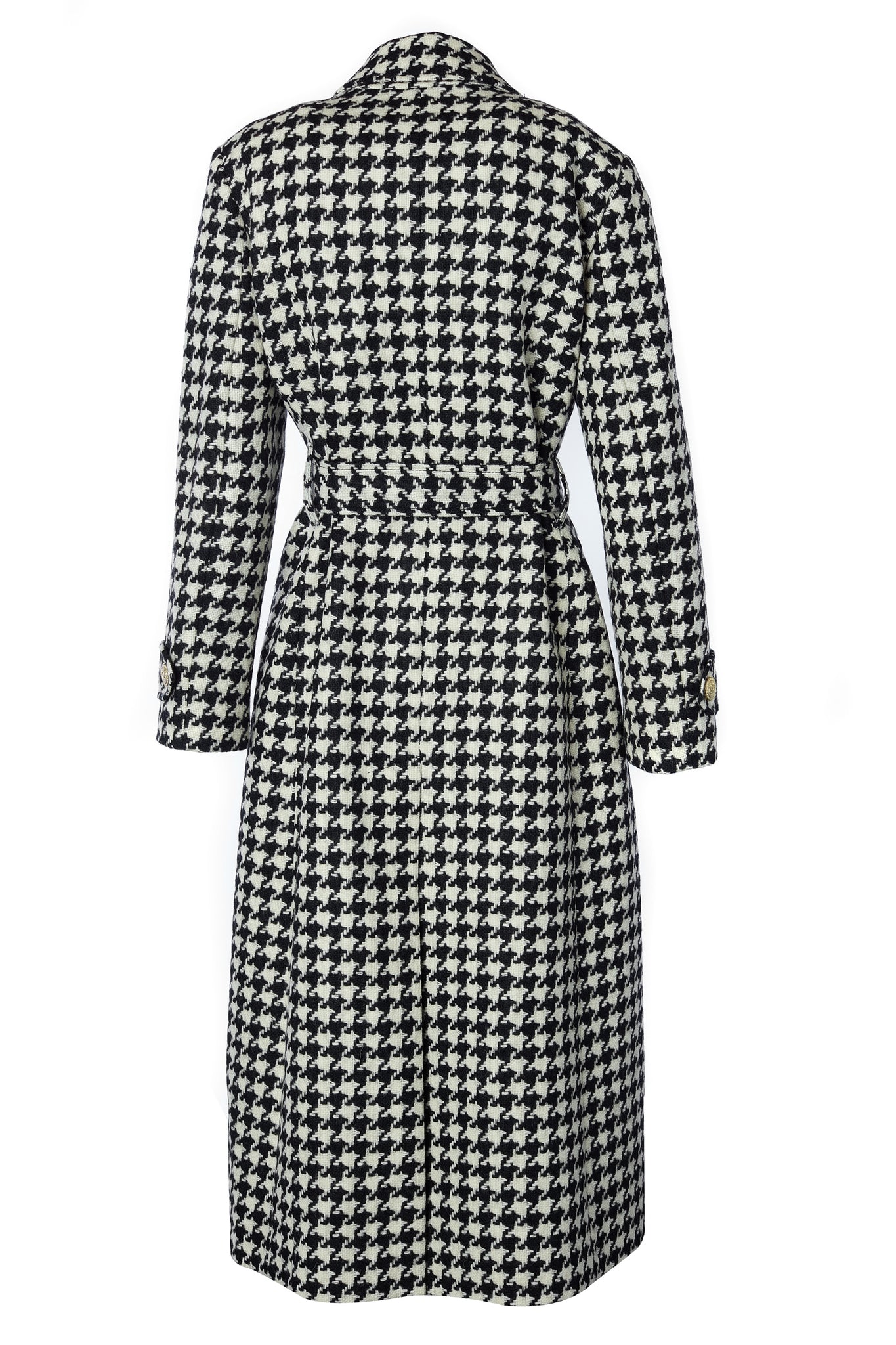 back of Womens black and white large houndstooth mid length wrap coat with tie belt