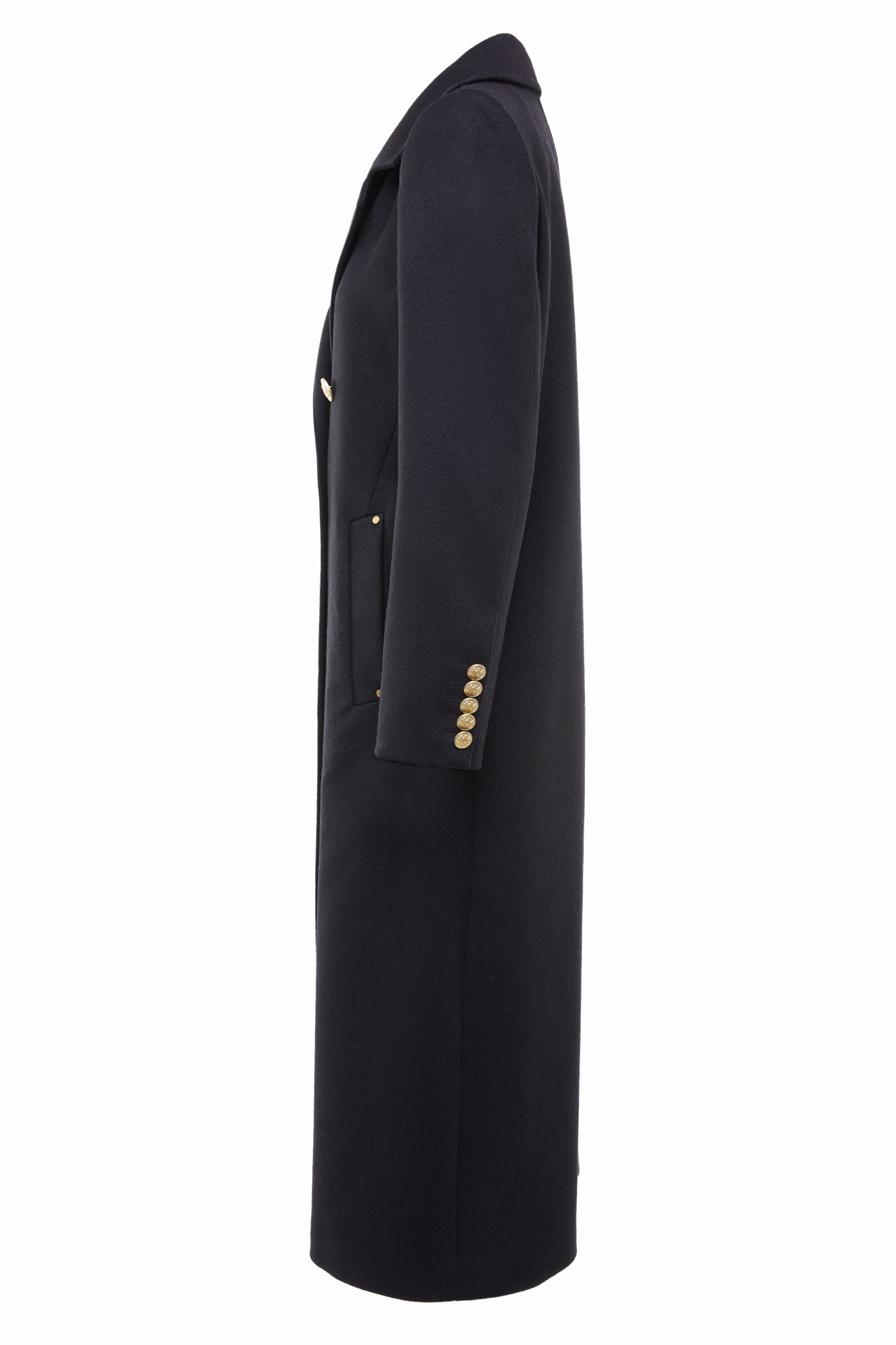 Side of Womens black wool double breasted mid-length tweed coat 