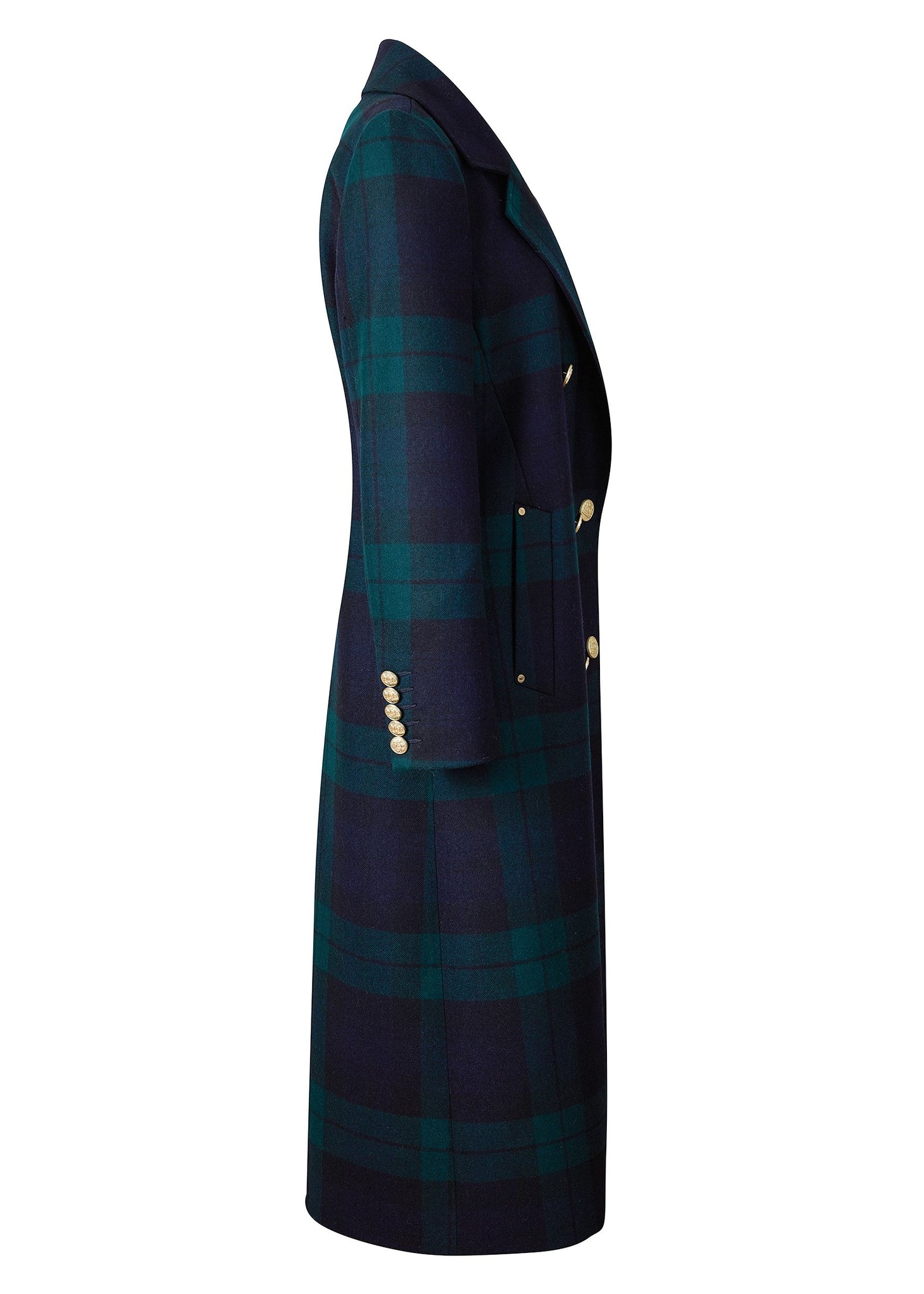 Womens blackwatch navy and green double breasted mid-length tartan tweed coat 