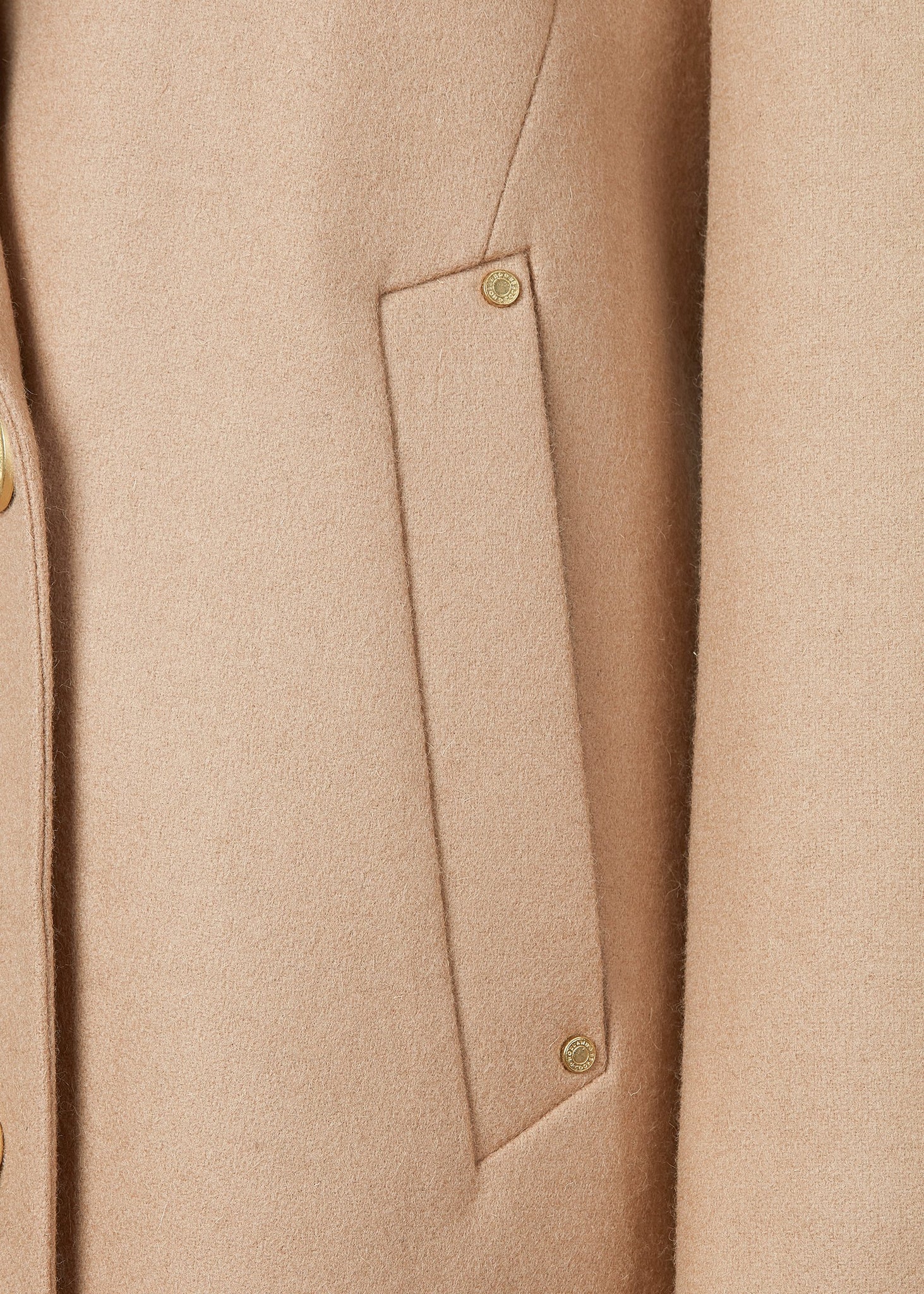 pocket detail of Womens camel wool double breasted mid-length tweed coat 