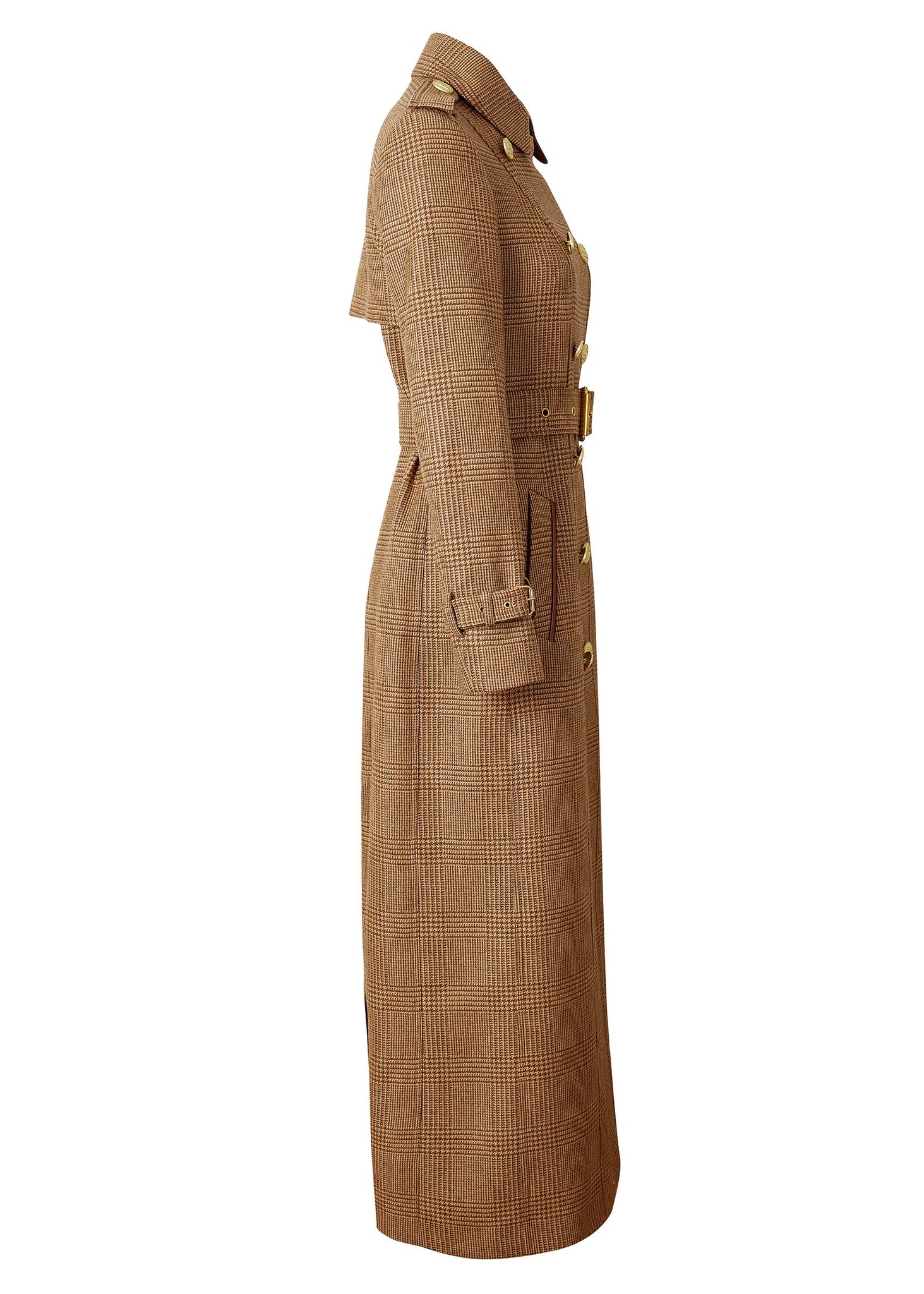 side of womens brown tweed double breasted full length wool trench coat