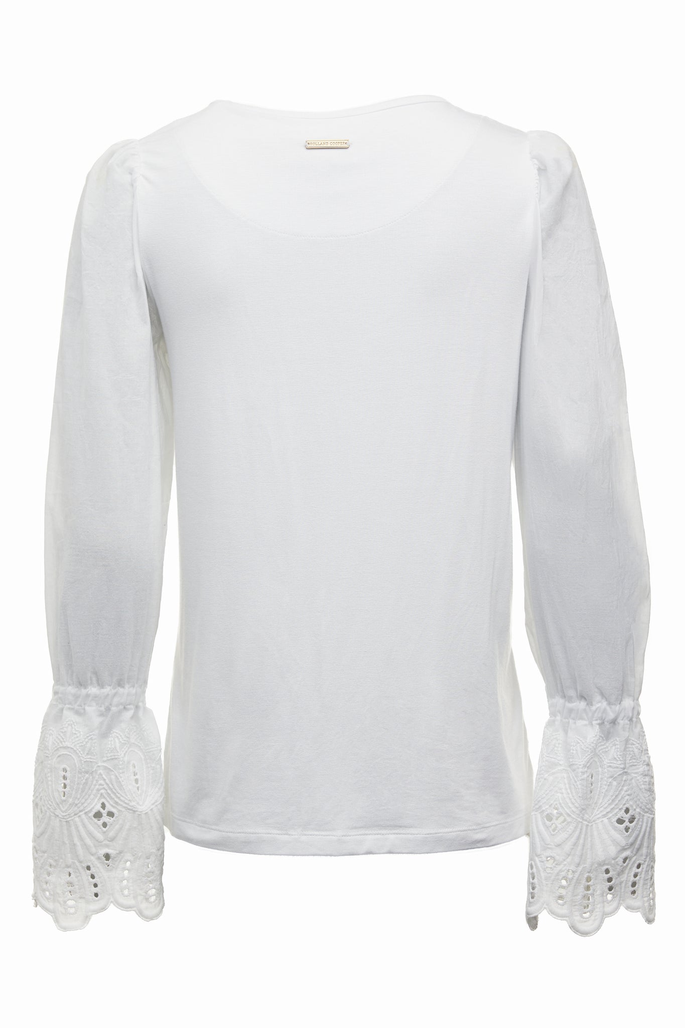 back image of Crew neck top with voluminous sleeves with gathered details at the shoulder and broderie detailing above the cuff and detailed with Holland Cooper rivets on the shoulders and subtle gold placket on back yolk