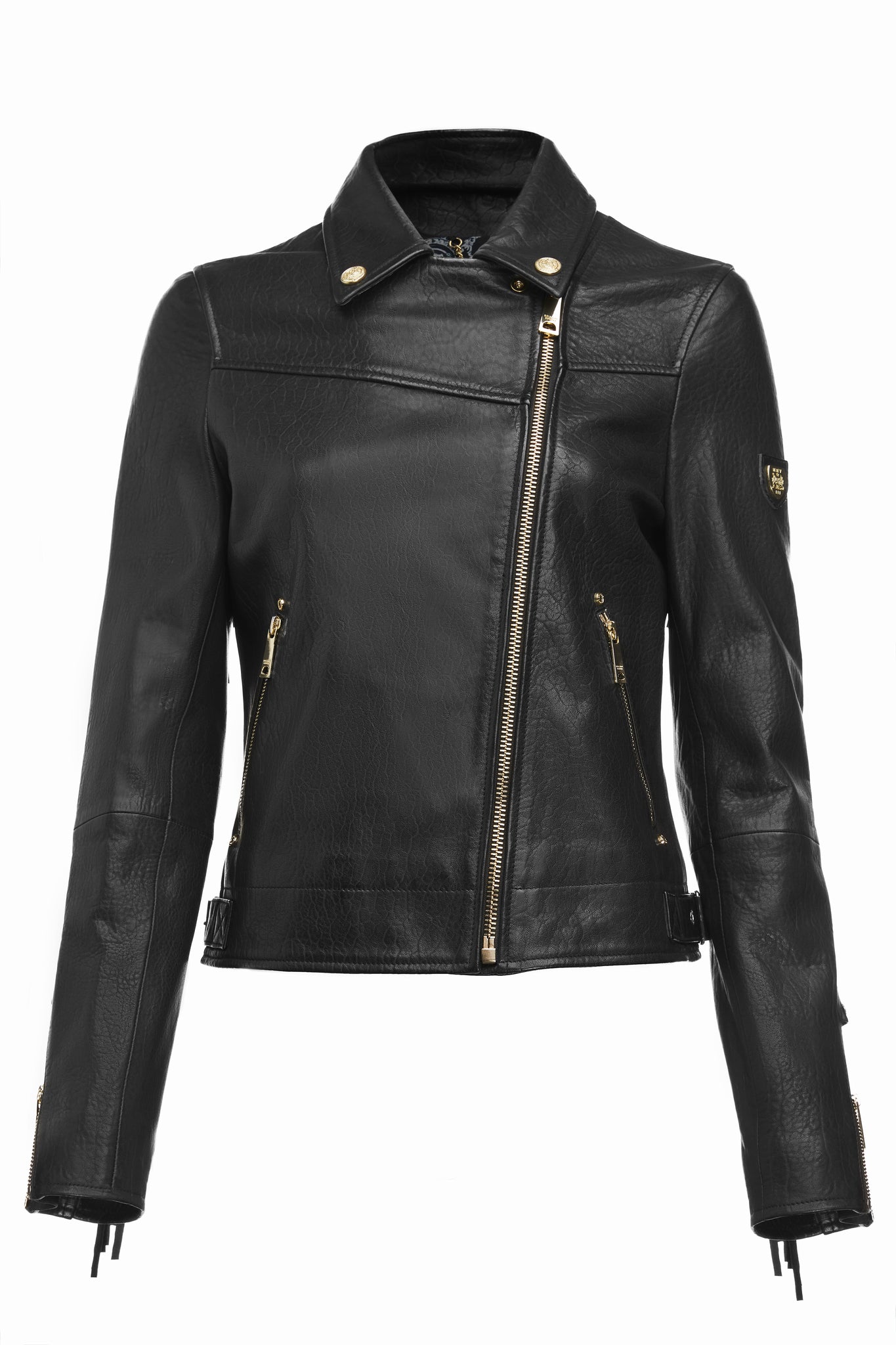 front of womens leather biker jacket in black with fringing along the back and sleeves detailed with golf zips and small shield badge on arm fully zipped 