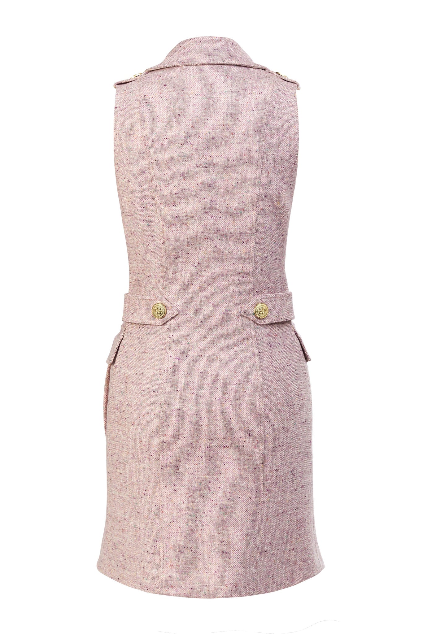 back shot of womens light pink sleeveless collared mini dress with gold button front fastening 