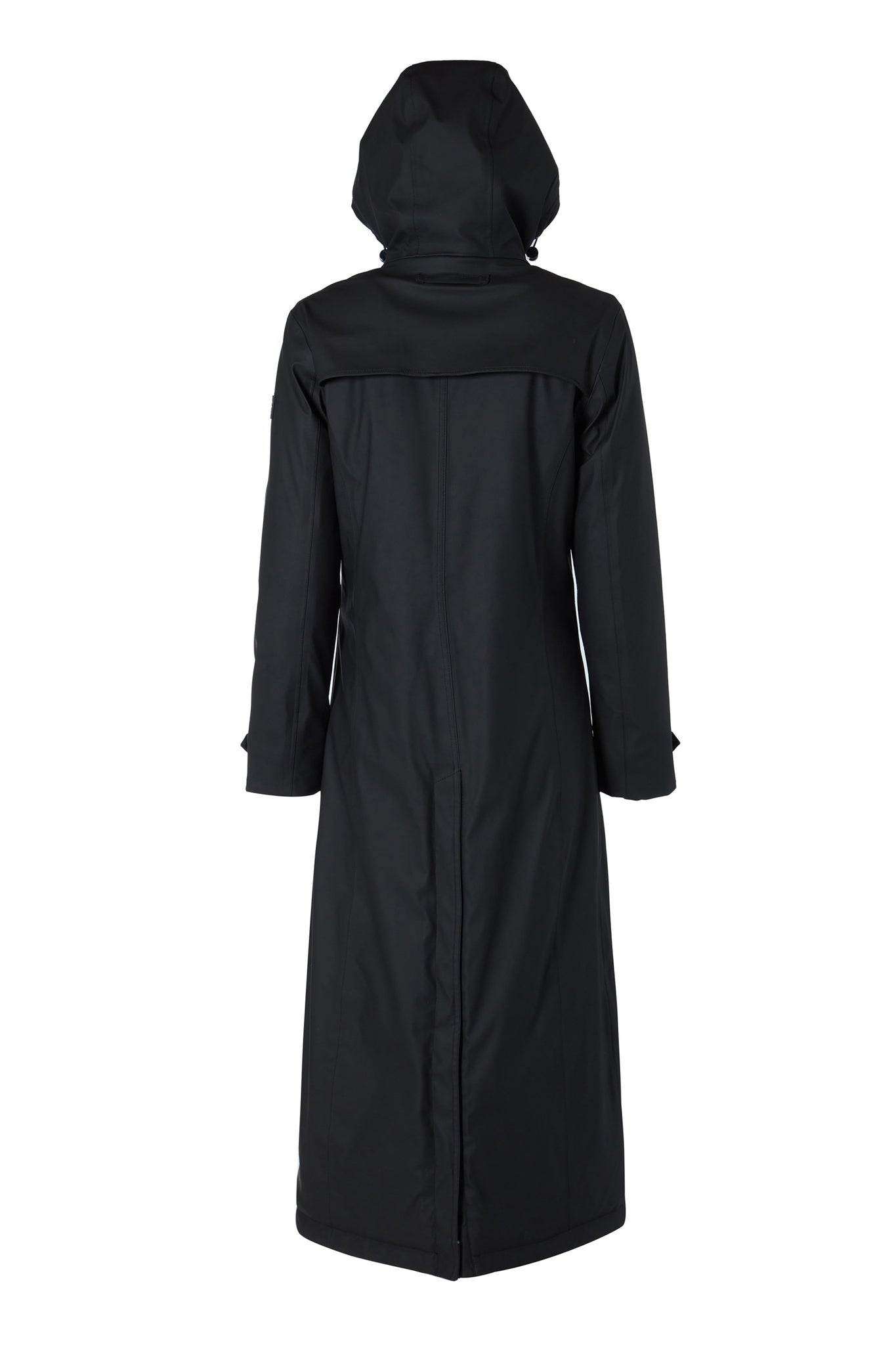back of womens hooded longline black cot with internal gilet