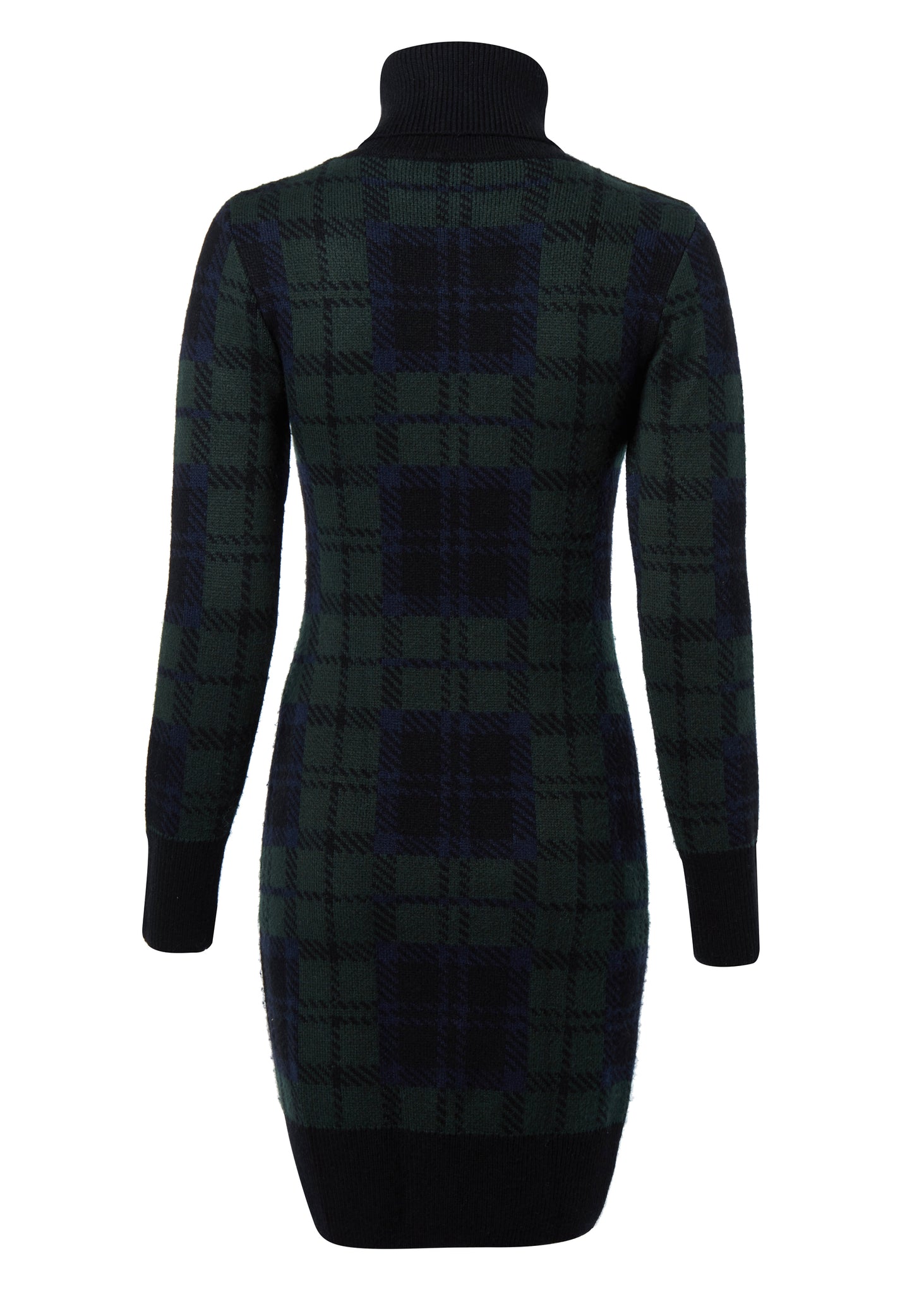 back of womens green navy and black blackwatch roll neck jumper dress with contrast black cuffs and ribbed hem with gold button detail on the cuffs and shoulder
