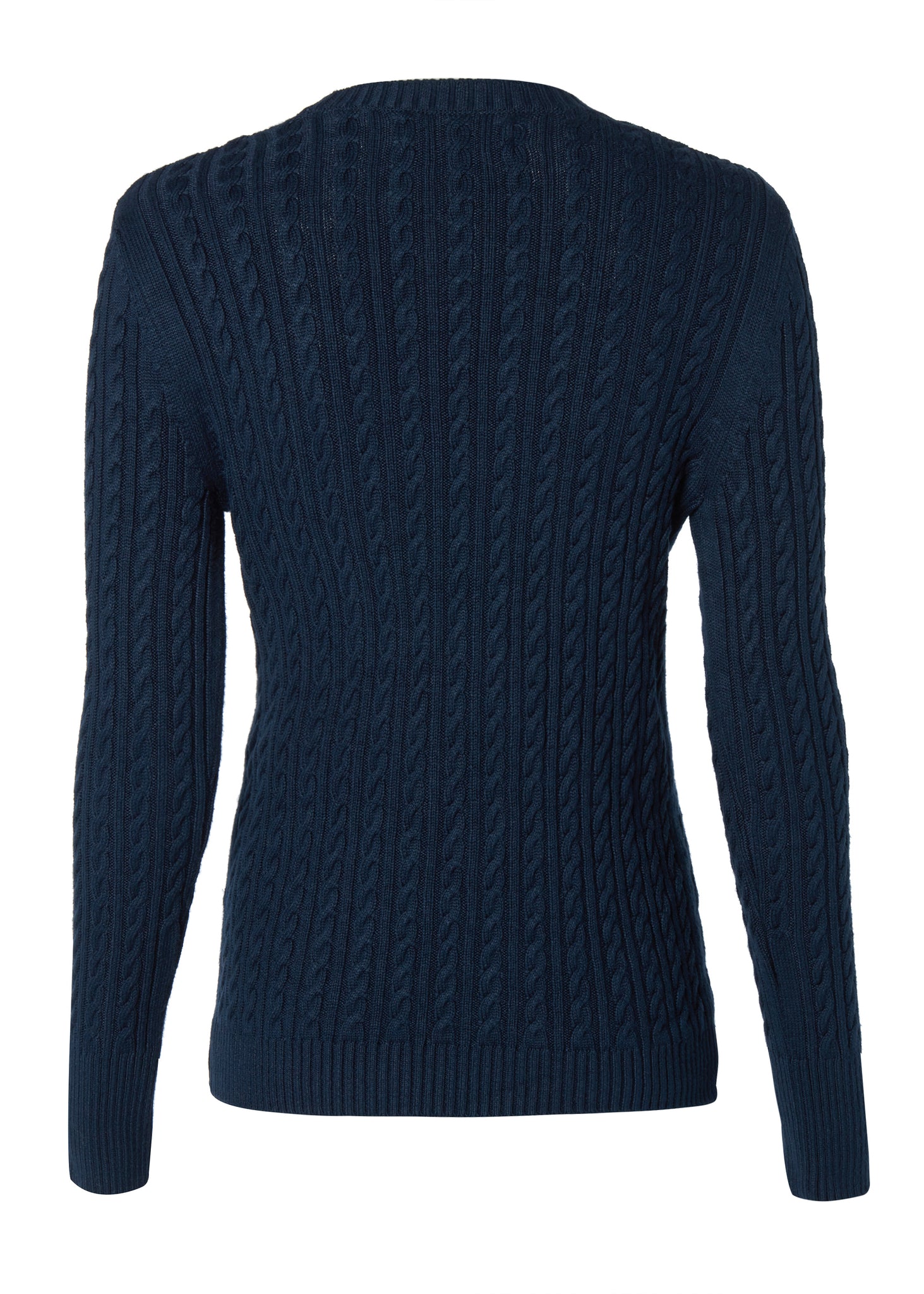 back of womens cable knit jumper in navy with ribbed crew neck cuffs and hem