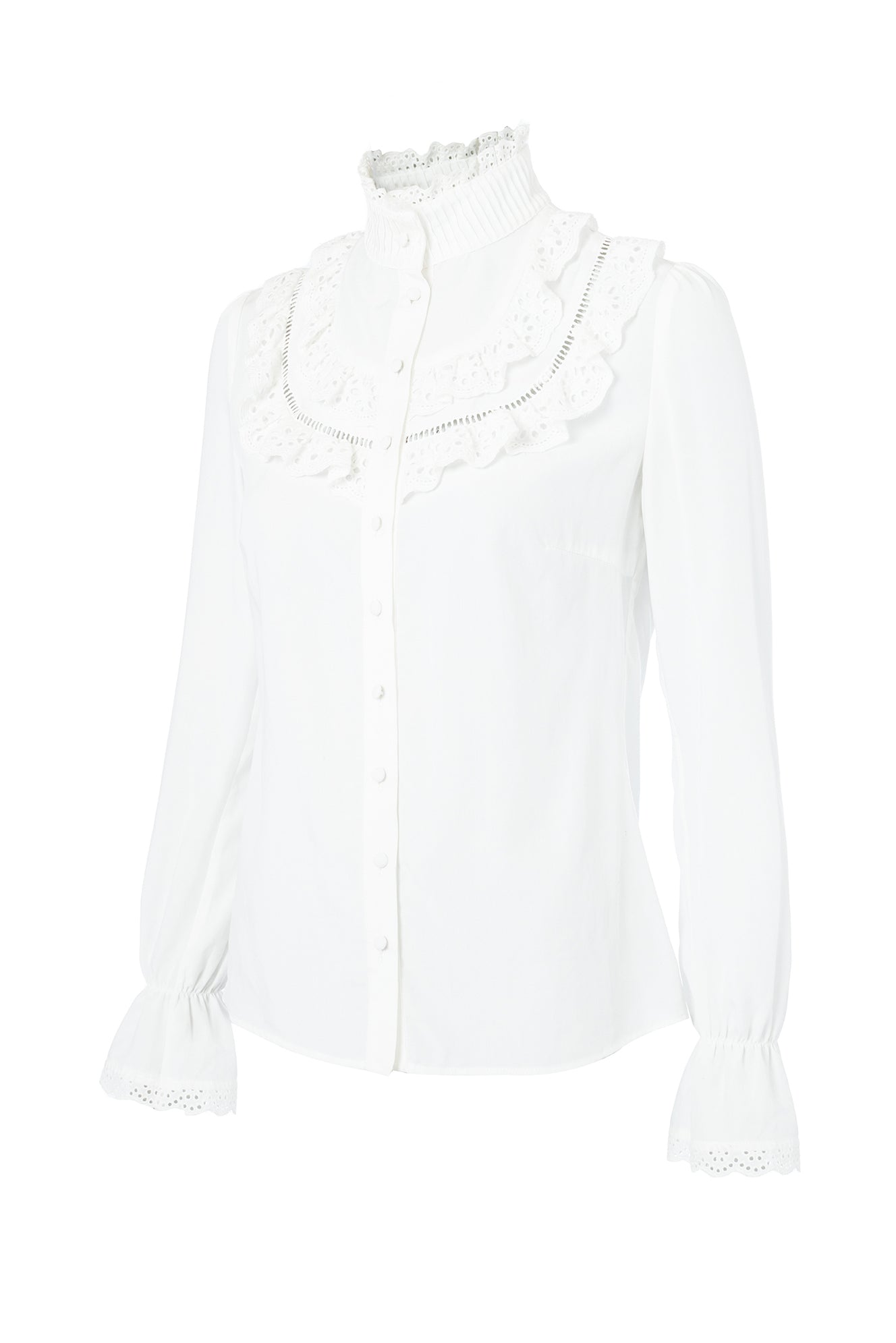 side image of white blouse with long sleeves and a slim fit with delicate lace trim to both the collar and cuff edges with flattering lace details to the front body