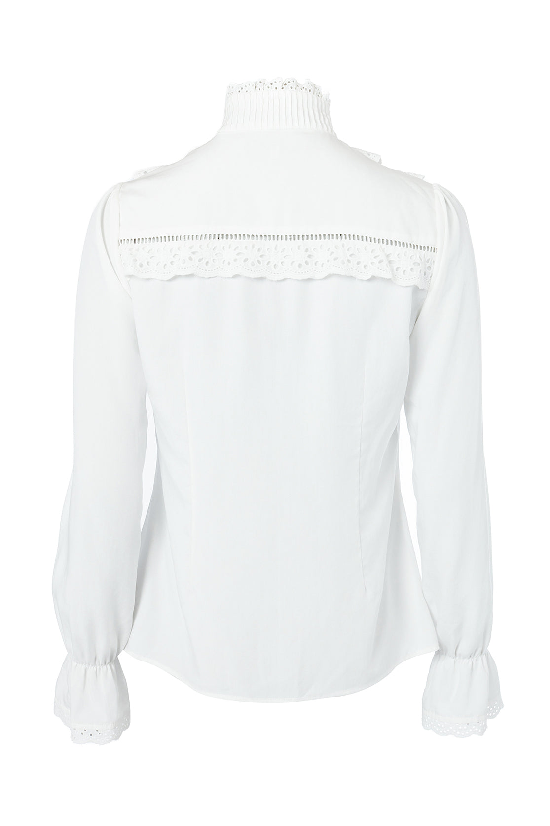 back image of white blouse with long sleeves and a slim fit with delicate lace trim to both the collar and cuff edges with flattering lace details to the front body