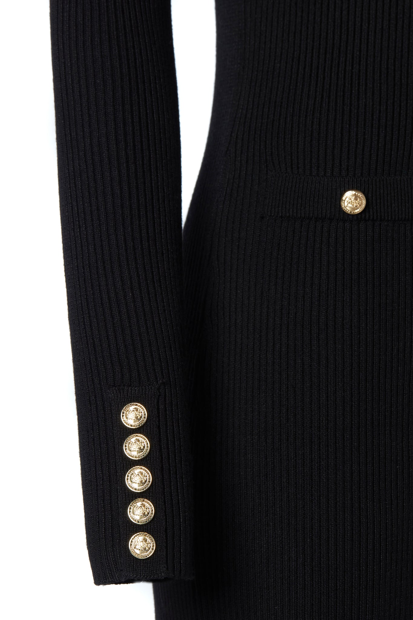gold button detail on cuffs of womens slim fit crew neck long sleeve knitted dress in black with gold button detail down the centre front and two welt pockets on chest and two on the hips with gold buttons on the centre of each pocket