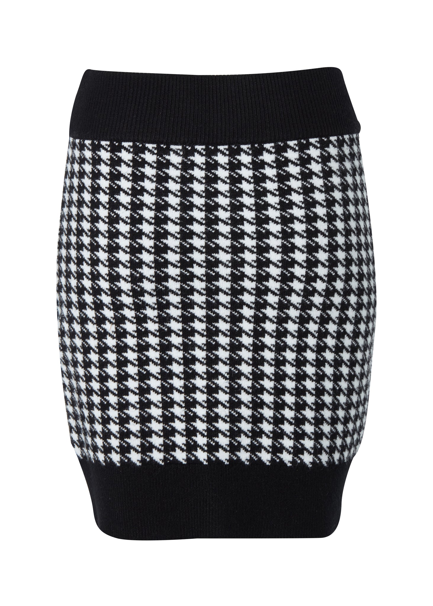 back of womens knitted mini skirt in back and white houndstooth pattern with contrast ribbed waistband centre front panel welt pockets and hem with gold button detail down the front and on each pocket