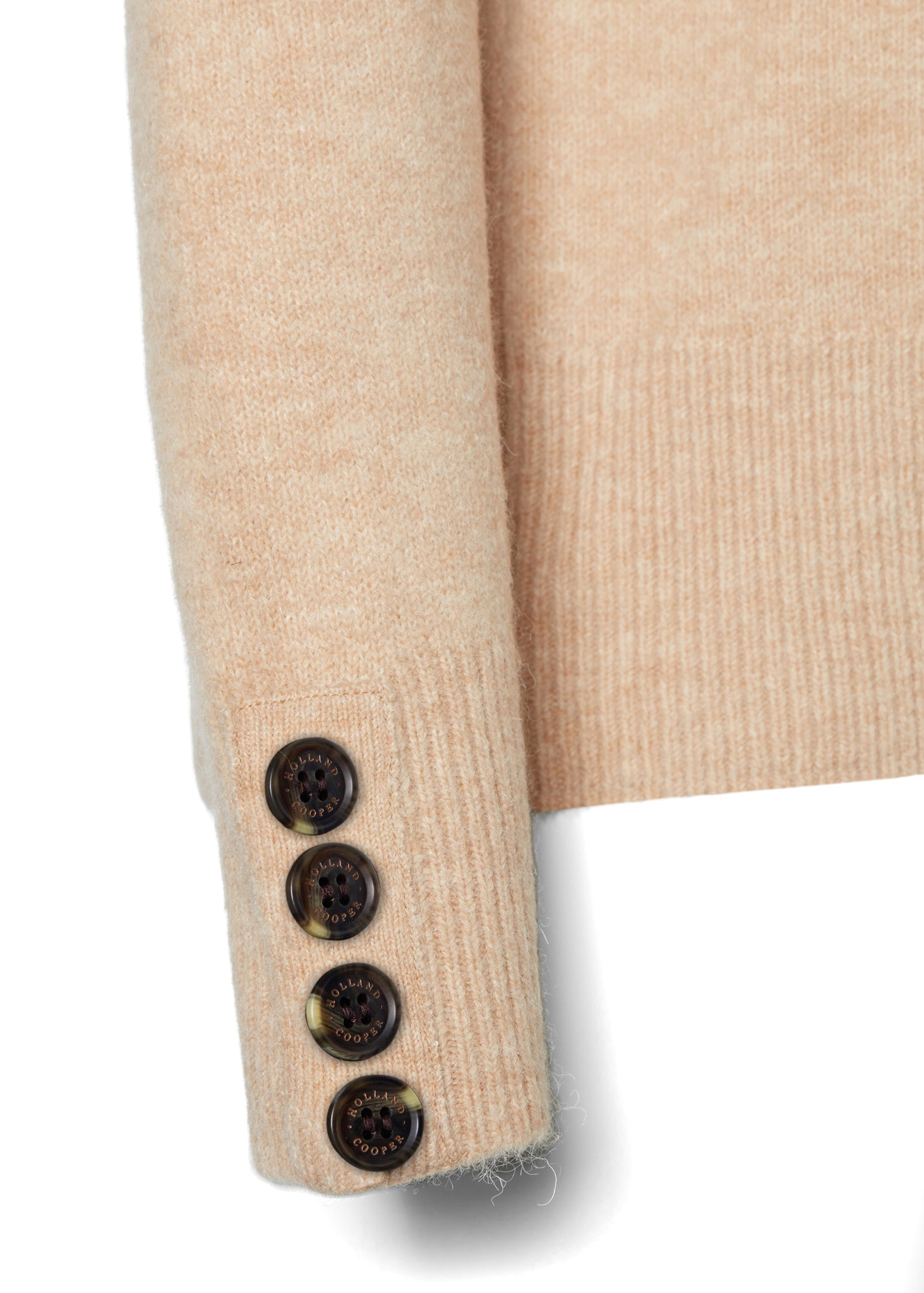 horn button detail across cuffs of womens chunky knit crew neck jumper in camel with half cable knit knit detailing and horn buttons across cuffs