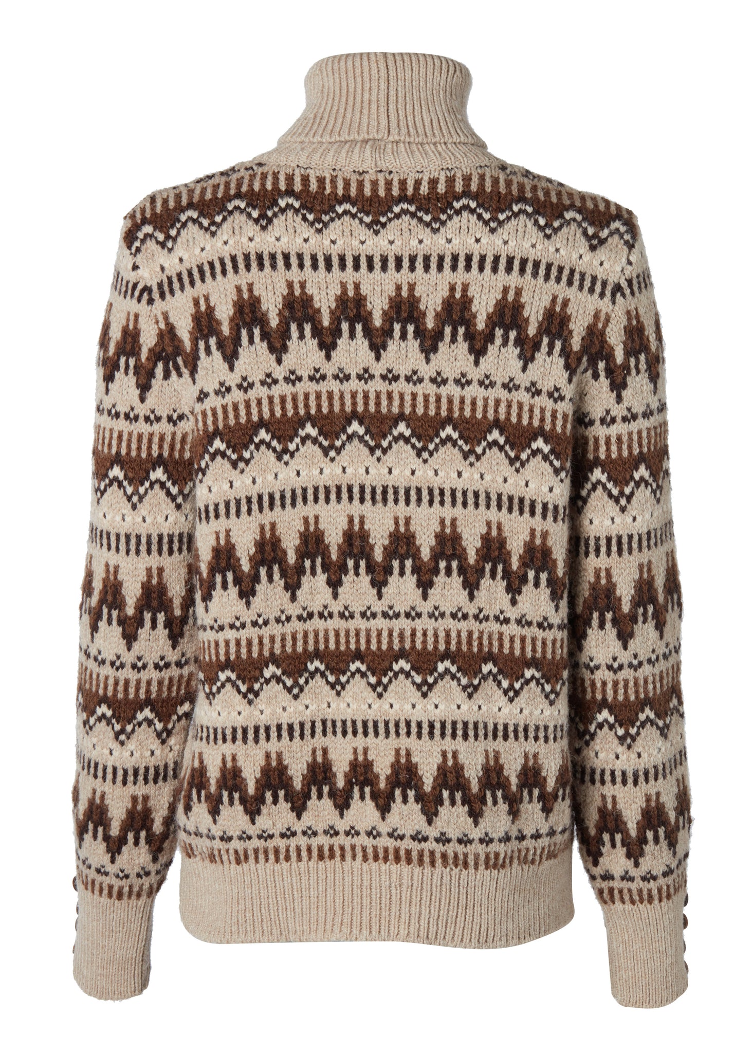 back of high roll neck knit jumper in taupe with a brown fairisle pattern and ribbed cuffs hem and neckline
