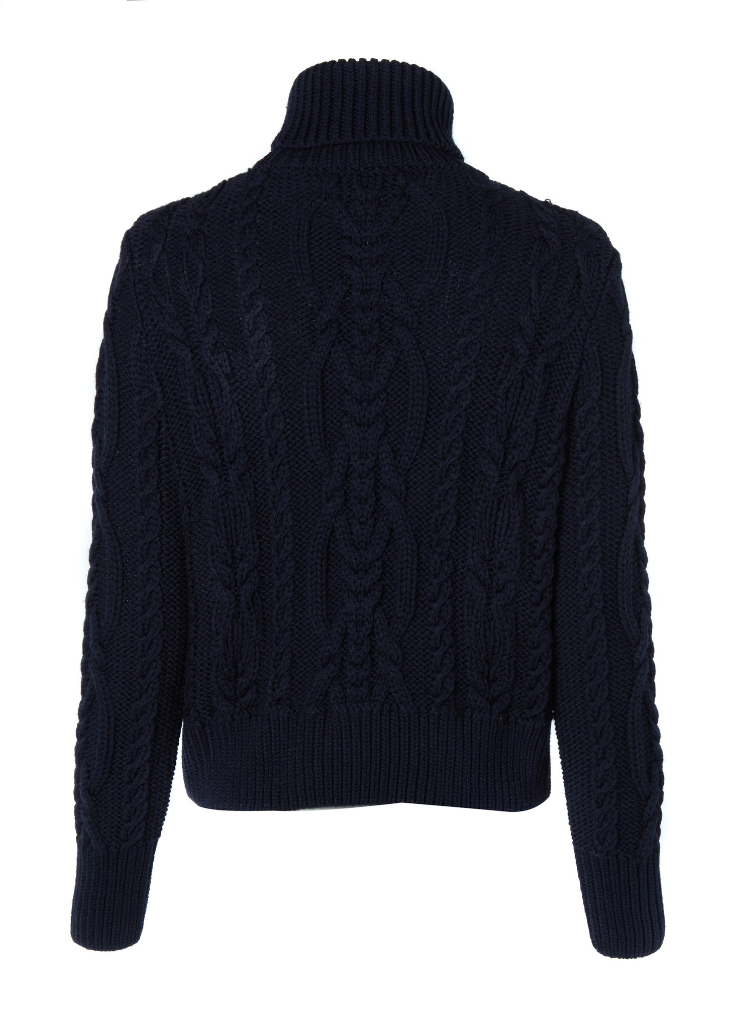 back of a chunky cable knit roll neck jumper in navy with dropped shoulders and thick ribbed cable trims and gold buttons on cuffs and collar