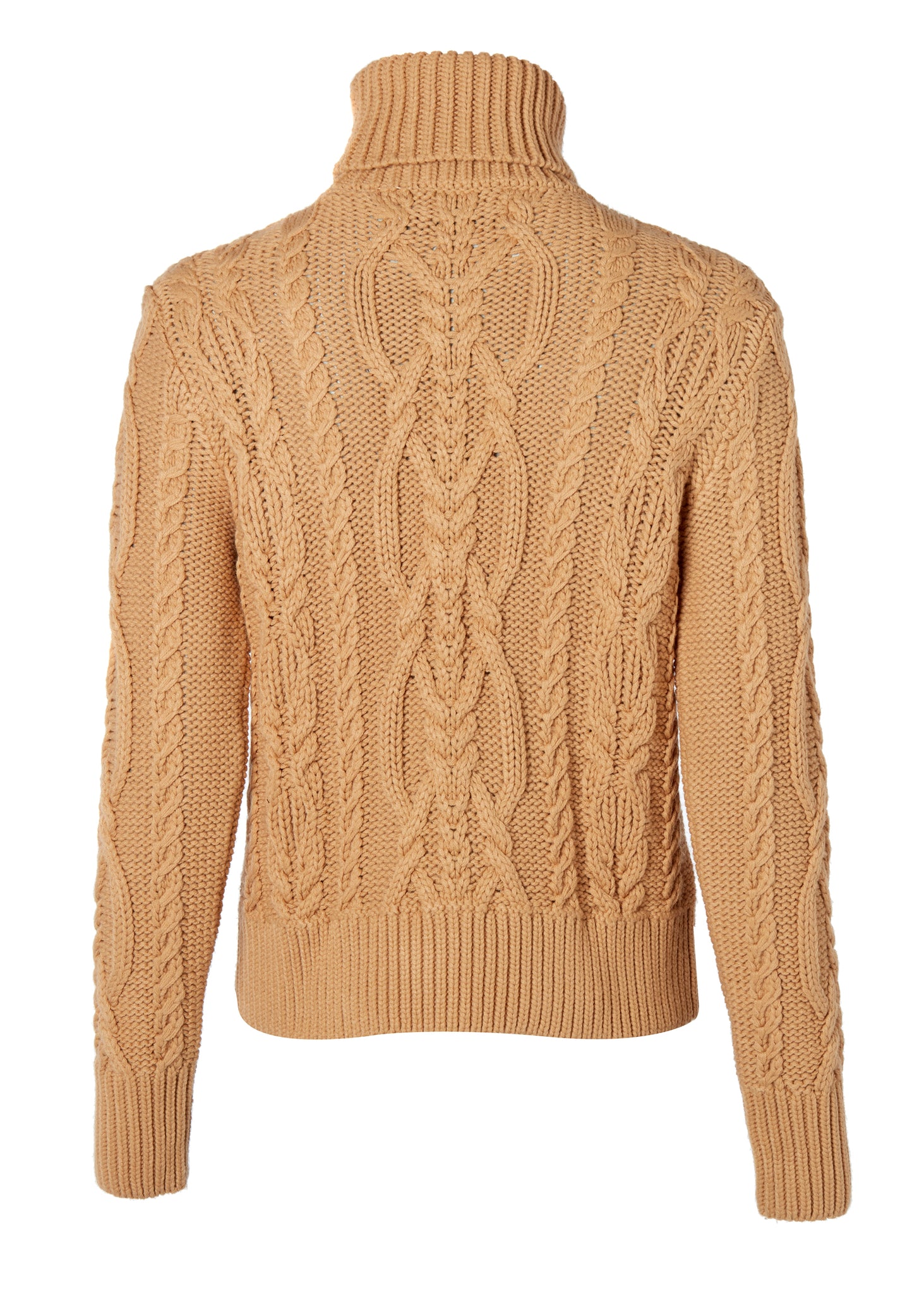 back of a chunky cable knit roll neck jumper in camel with dropped shoulders and thick ribbed cable trims and gold buttons on cuffs and collar