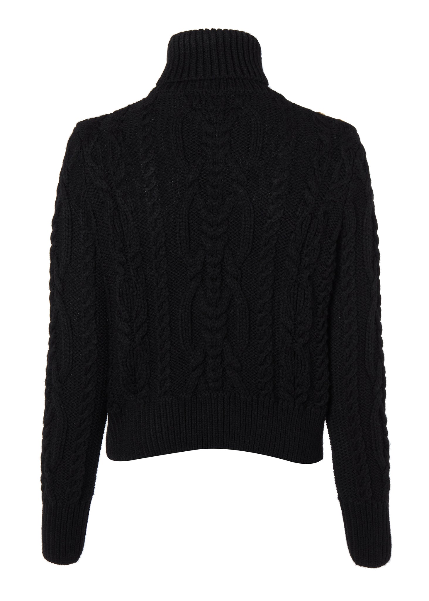 back of a chunky cable knit roll neck jumper in black with dropped shoulders and thick ribbed cable trims and gold buttons on cuffs and collar