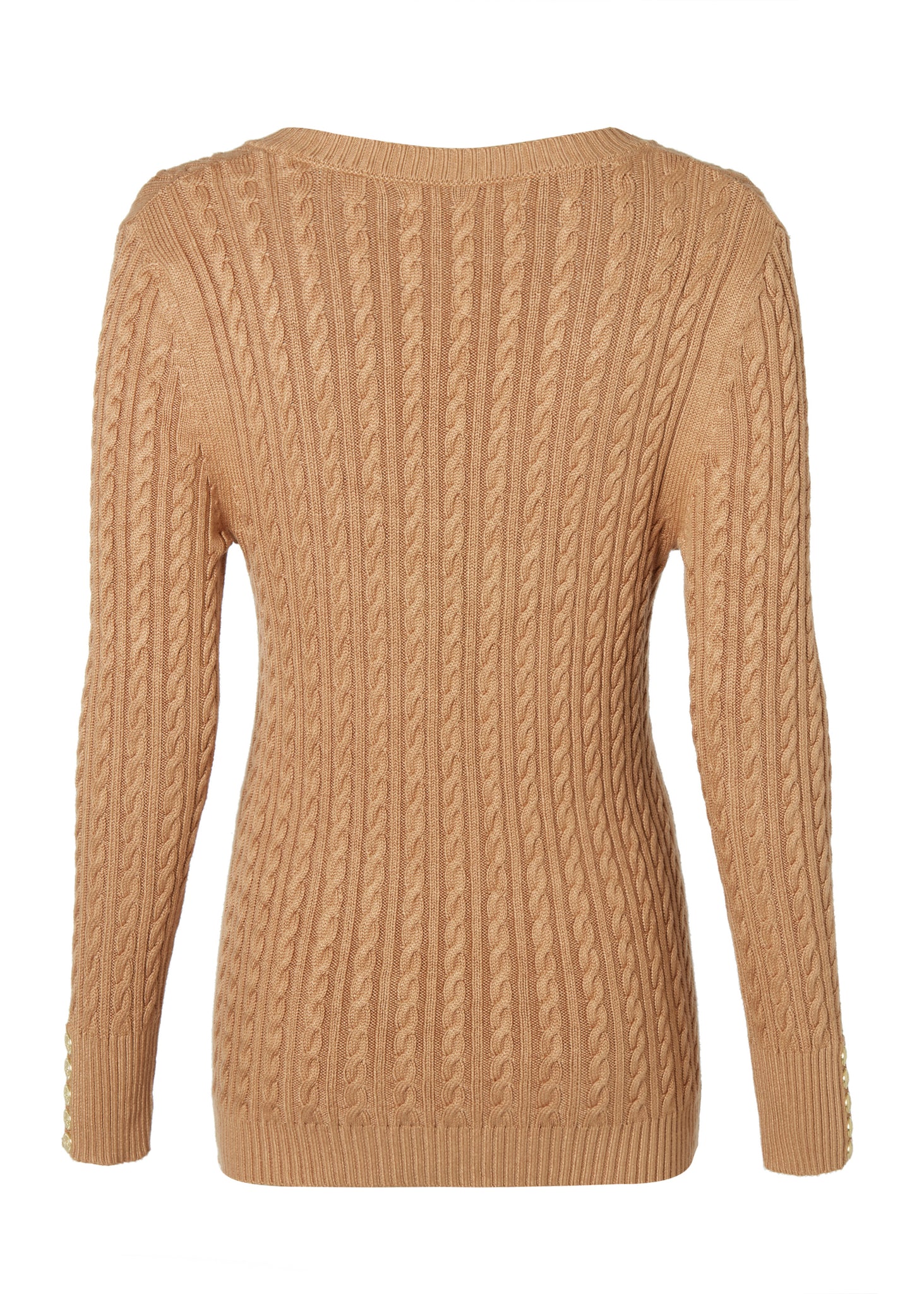 back of womens lightweight v neck cable knit jumper in dark caramel detailed with gold buttons at the cuffs