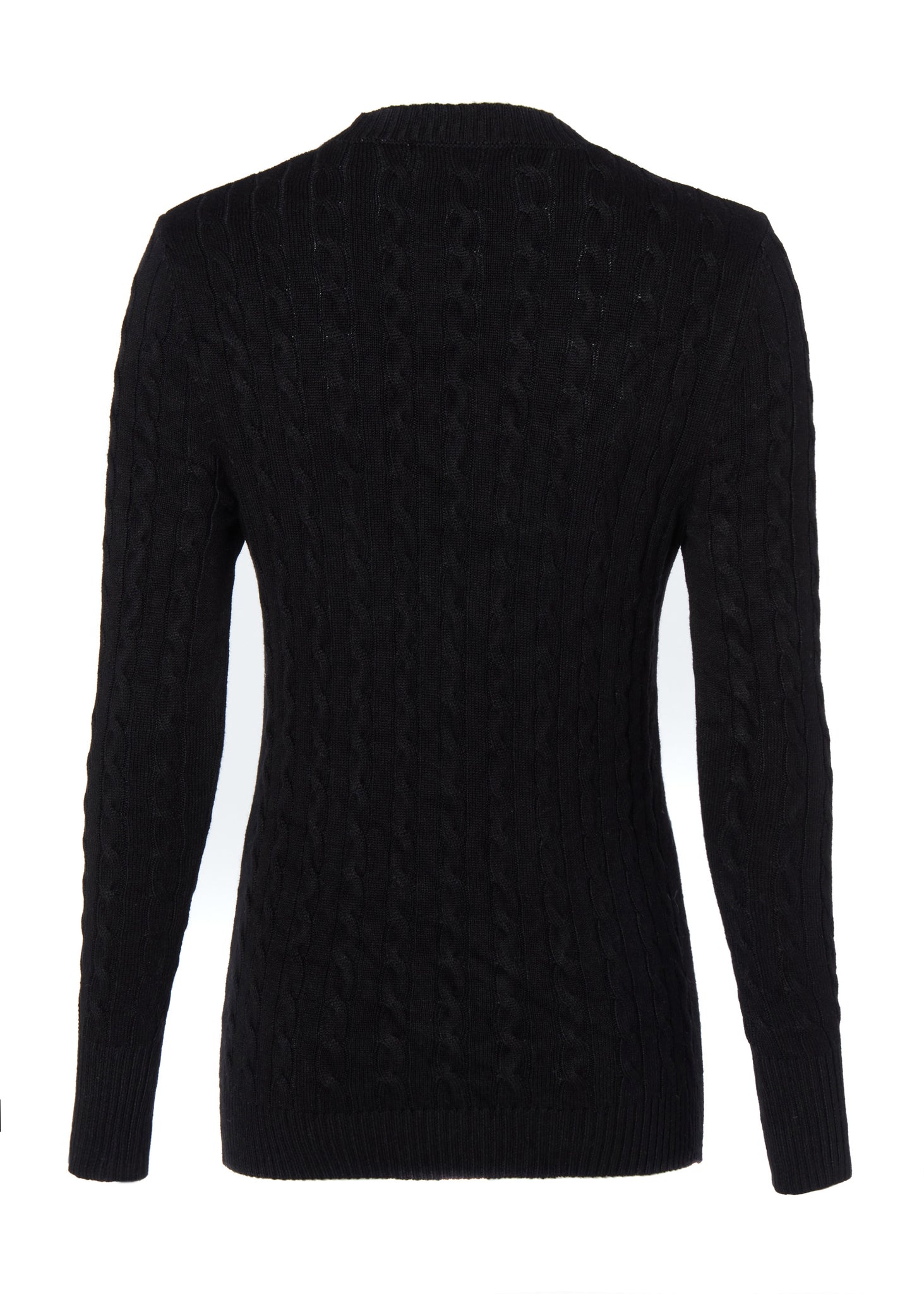 back of womens cable knit jumper in black with ribbed crew neck cuffs and hem