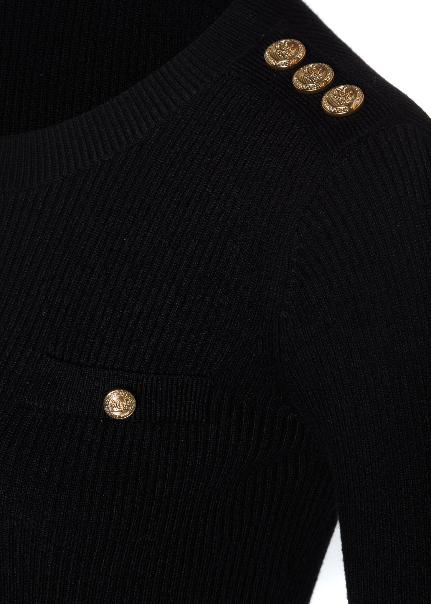 gold button detail across shoulders of womens slim fit crew neck long sleeve knitted midi dress in black with gold button detail down the centre front and two welt pockets on chest and two on the hips with gold buttons on the centre of each pocket