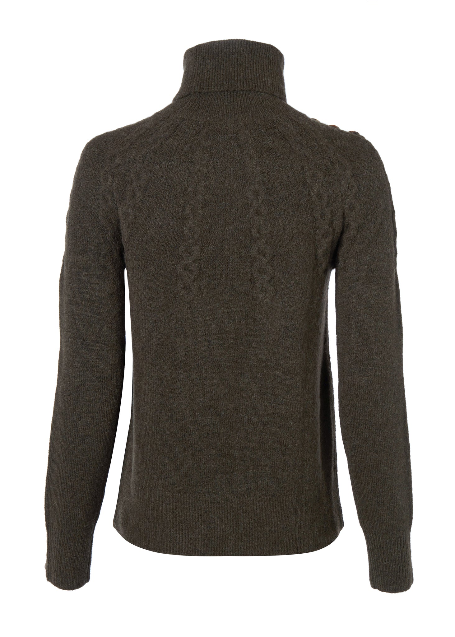 back of Chunky knit roll neck jumper in fern green with textured knit detailing and horn buttons across both shoulders