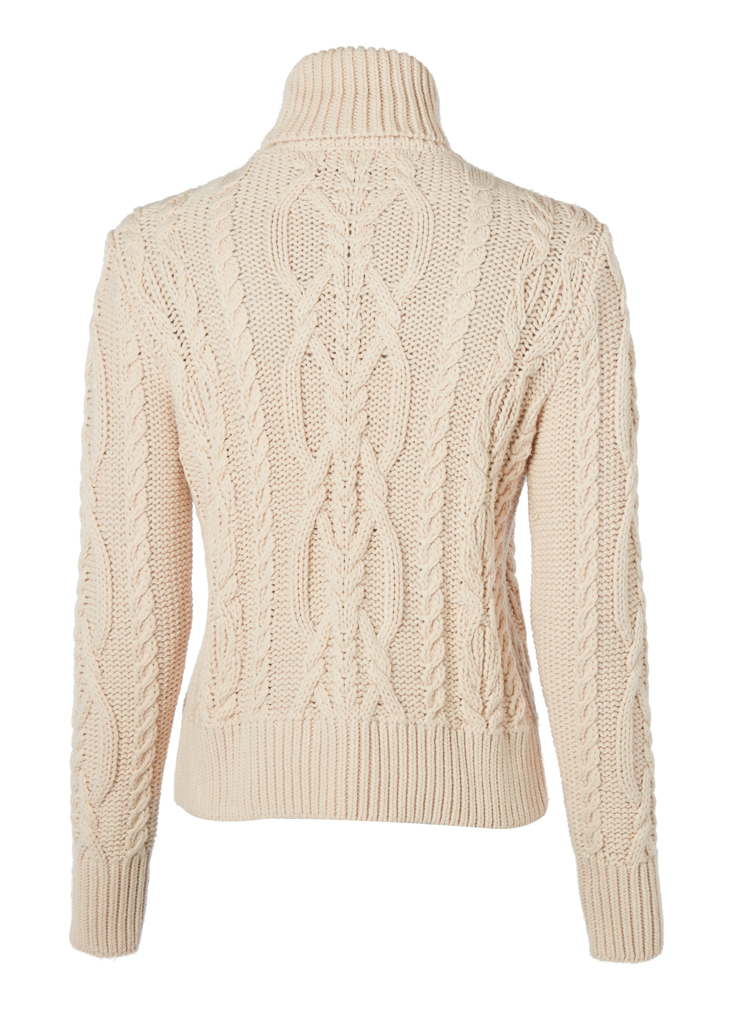 back of a chunky cable knit roll neck jumper in oatmeal with dropped shoulders and thick ribbed cable trims and gold buttons on cuffs and collar