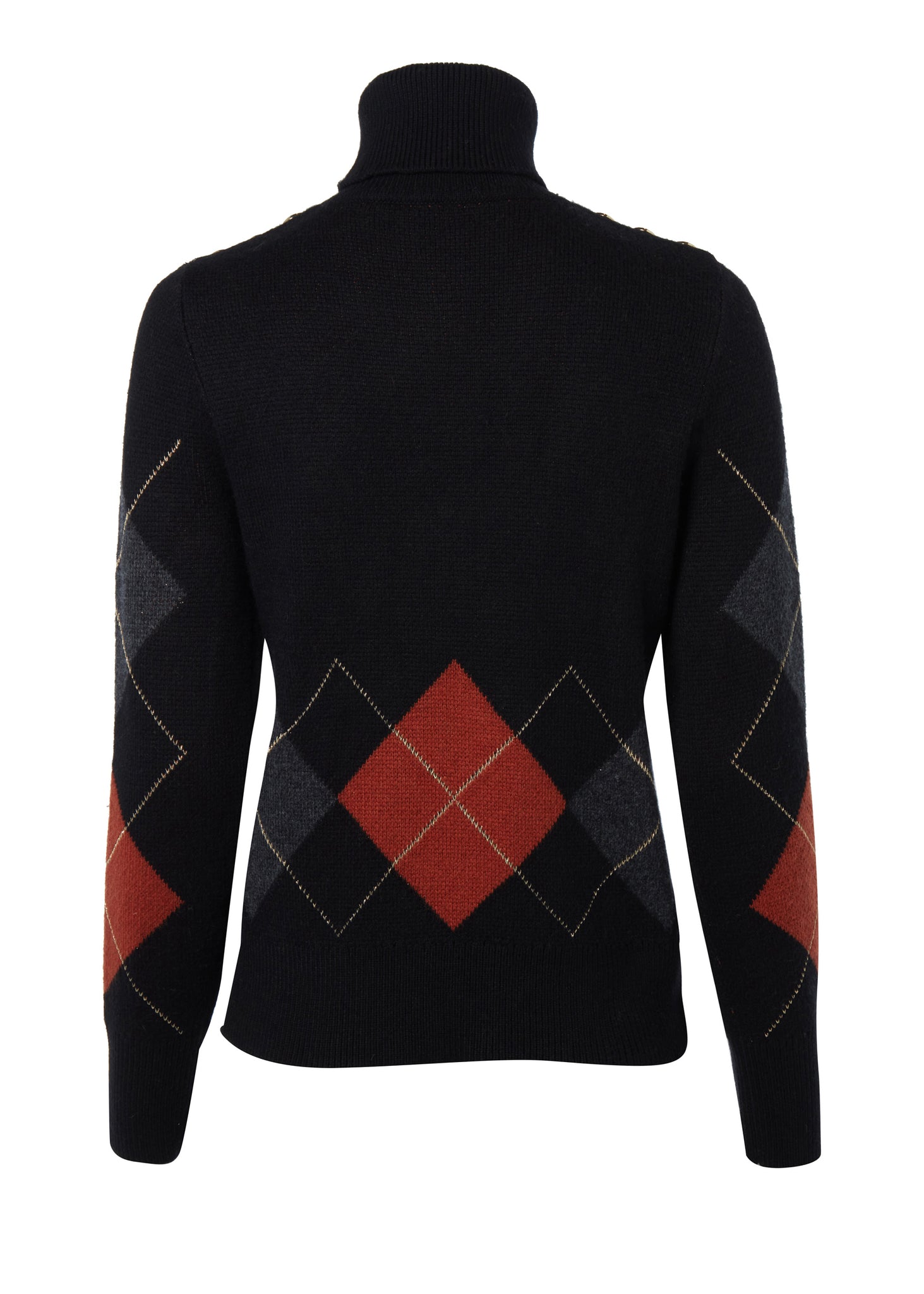 back of a classic roll neck black argyle jumper with grey and red diamonds and gold button detail on the cuffs and collar