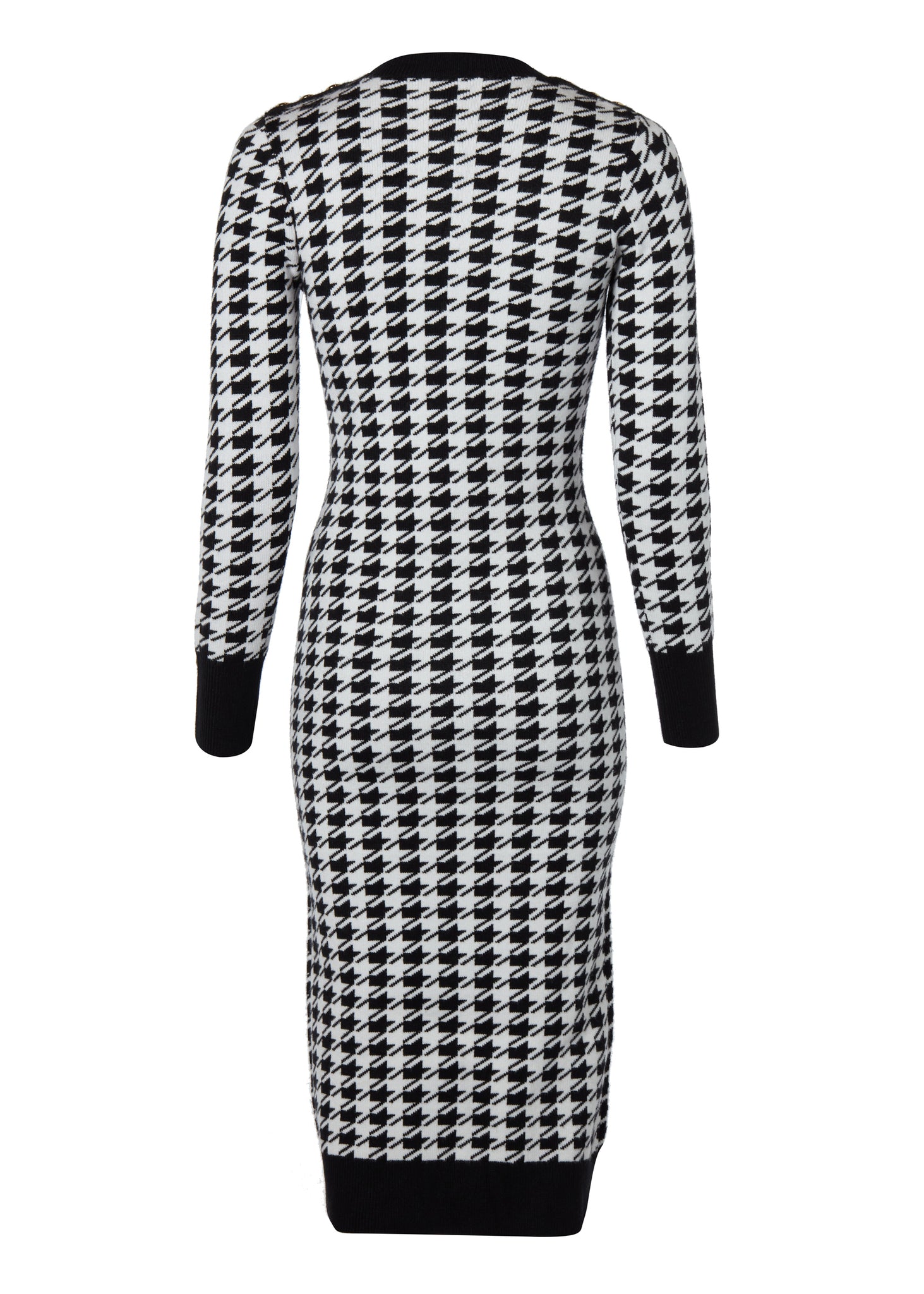 back of womens slim fit crew neck long sleeve knitted midi dress in white and black houndstooth with gold button detail on contrast black panel down the centre front and two black contrast welt pockets on chest and two on the hips with gold buttons on the centre of each and contrasting black ribbed hem neckline and cuffs