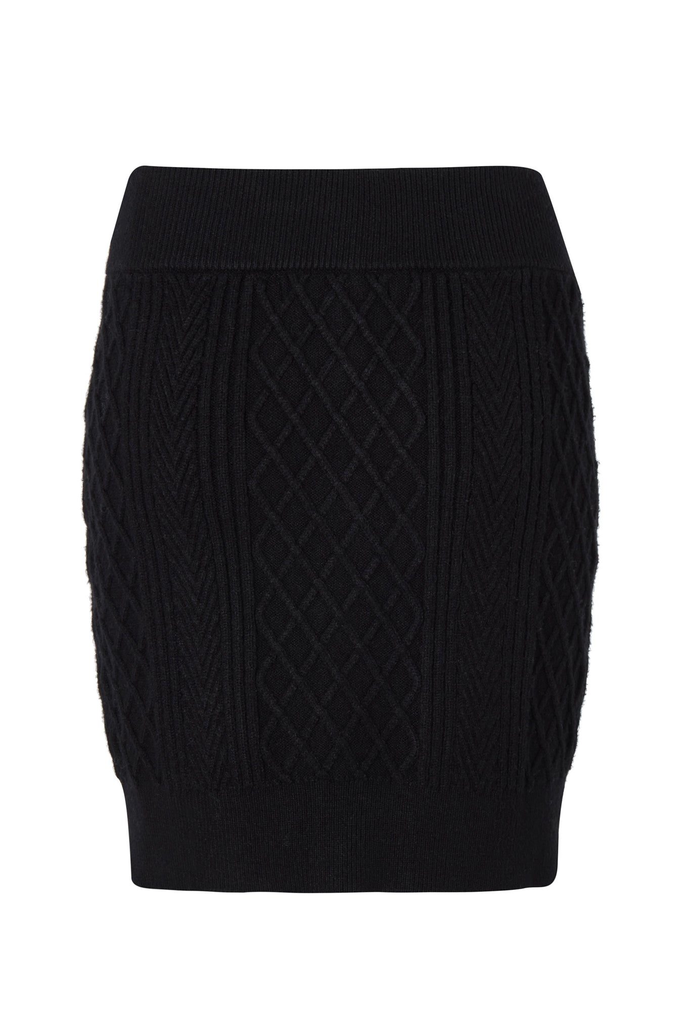 back of womens cable knit mini skirt with two welt pockets on each hip with gold button fastenings and gold button detailing down the centre front