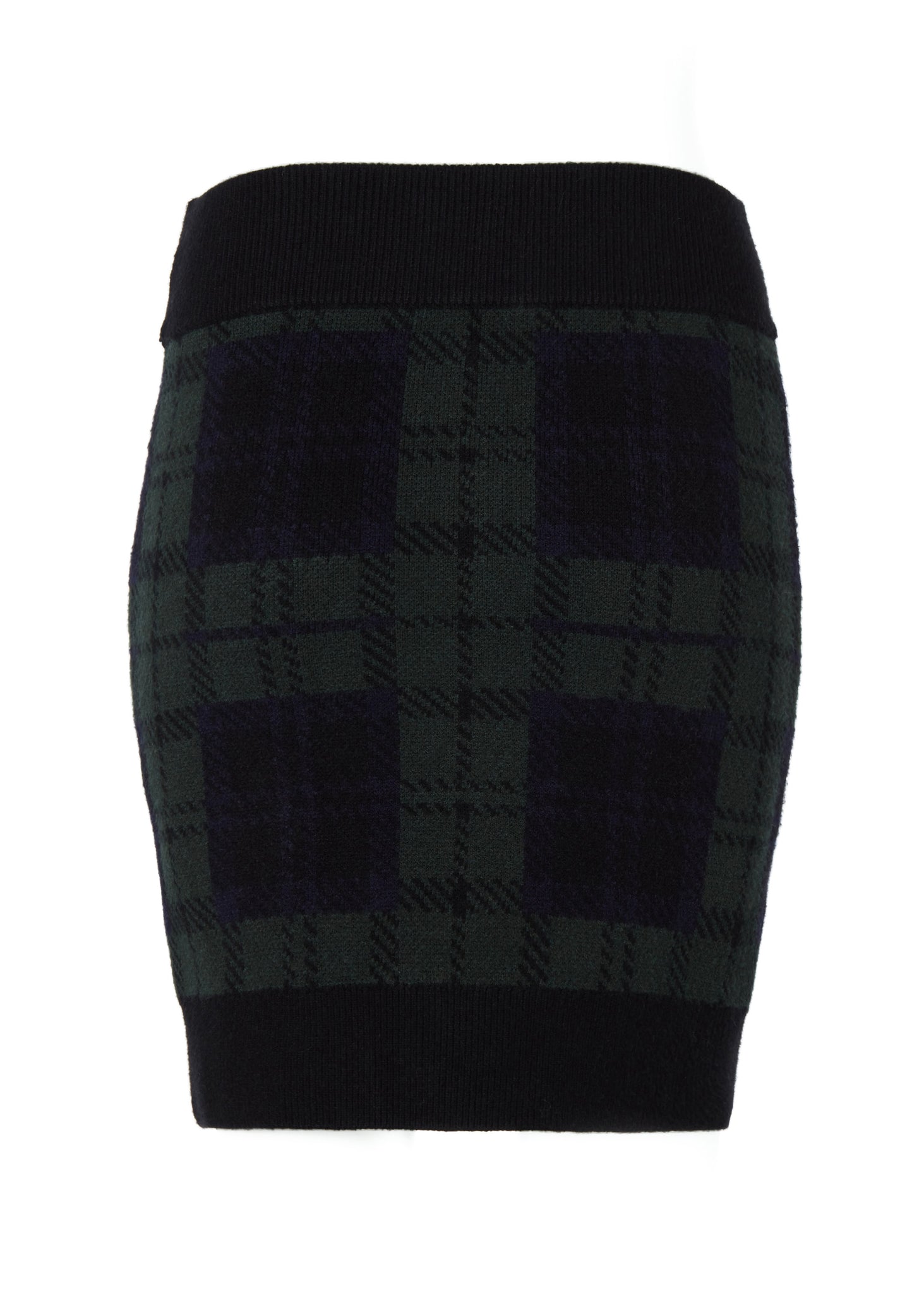back of womens knitted mini skirt in green back and navy blackwatch pattern with contrast eibbed waistband centre front panel welt pockets and hem with gold button detail down the front and on each pocket