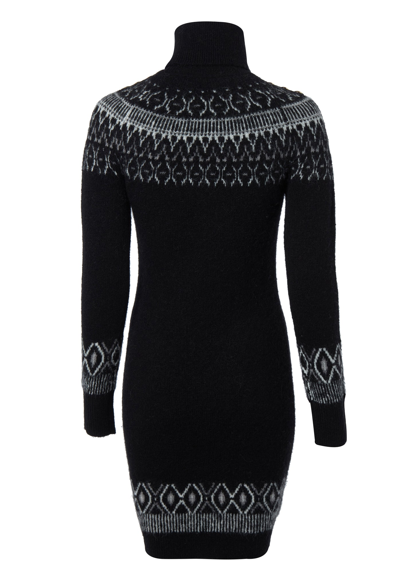 back of womens black roll neck jumper dress with fairisle knit in white and grey around the shoulders hemline and cuffs and a ribbed hem with gold buttons on shoulders and cuffs