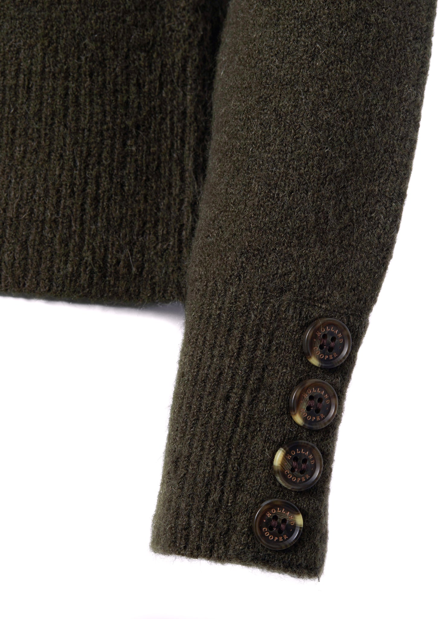 horn button detail cuffs on womens chunky knit crew neck jumper in fern green with half cable knit knit detailing and horn buttons across cuffs 